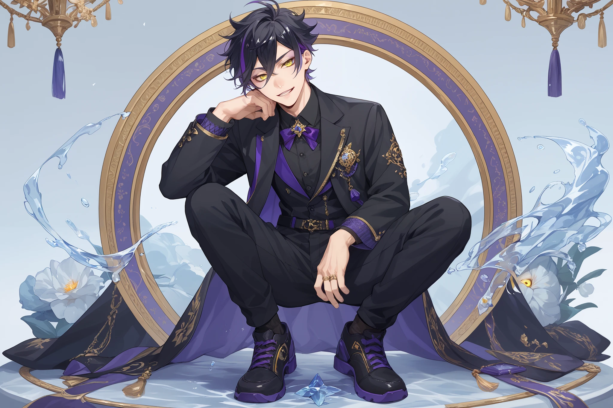 Anime man with thin black hair, yellow sharp eyes, emotionless and cold personality. Has one purple highlight, solo, full body