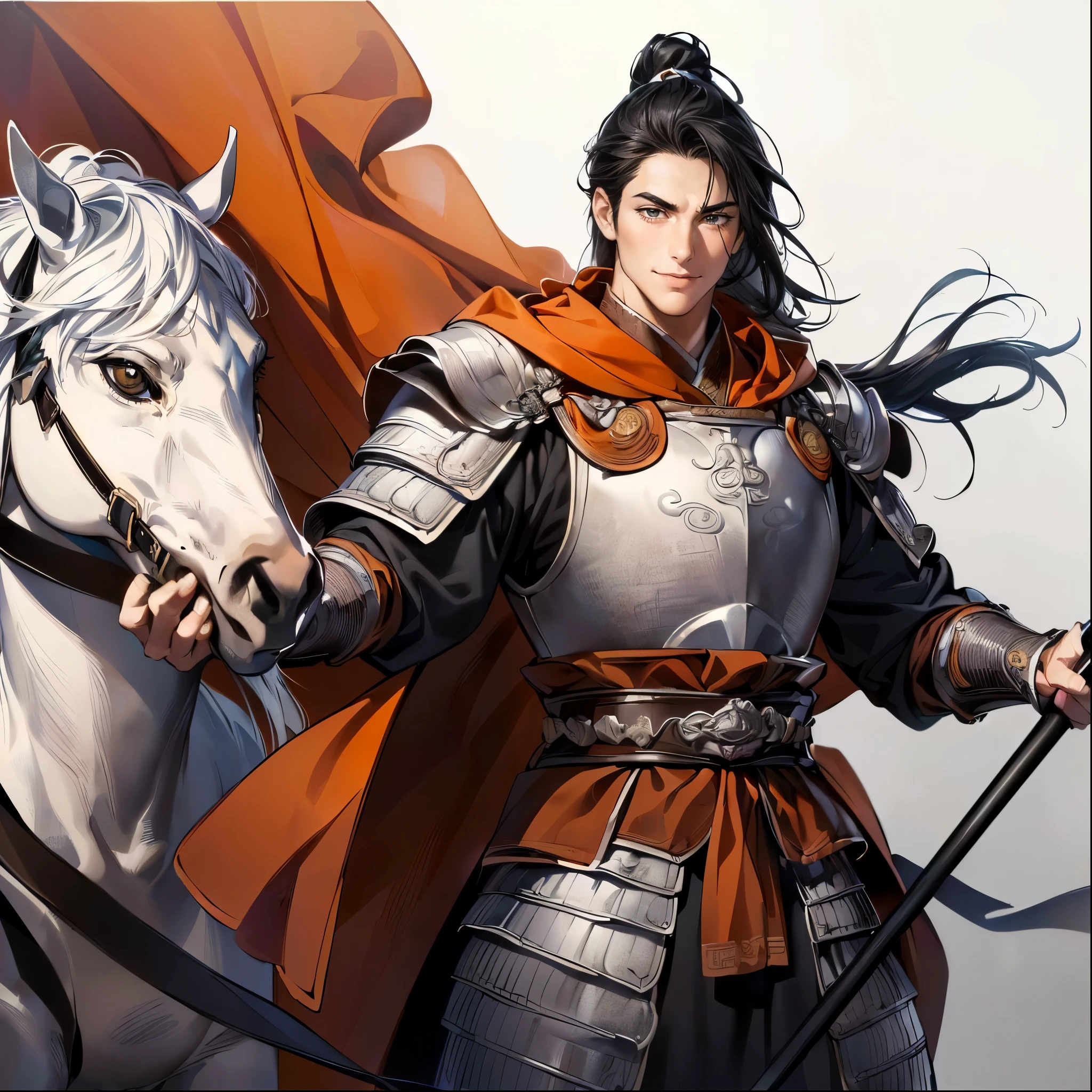 (TOP QUALITY,4K,8k,high resolution,masterpiece:1.2),super detailed,(super fine illustration),((Man in armor with a spear worn by a horse)),20 years old,A truly beautiful man、 detailed eyes :1.2, perfect eyes,(( Attractive Dark Eyes )),(long black hair:1.3),(( smile with plenty of room:1.2)),cinematic lighting, soft shadows,((ancient Chinese silver armor drawn in detail:1.3,A large orange cloak:1.3,Hand holding the reins、A white horse drawn in detail:1.3)),((cowboy shot:1.2,from below:1.1)),(( WHITE BACKGROUND :1.3,simple background:1.3)),(( standing:1.3,depicted so as not to be seen from the tip of his head:1.3))