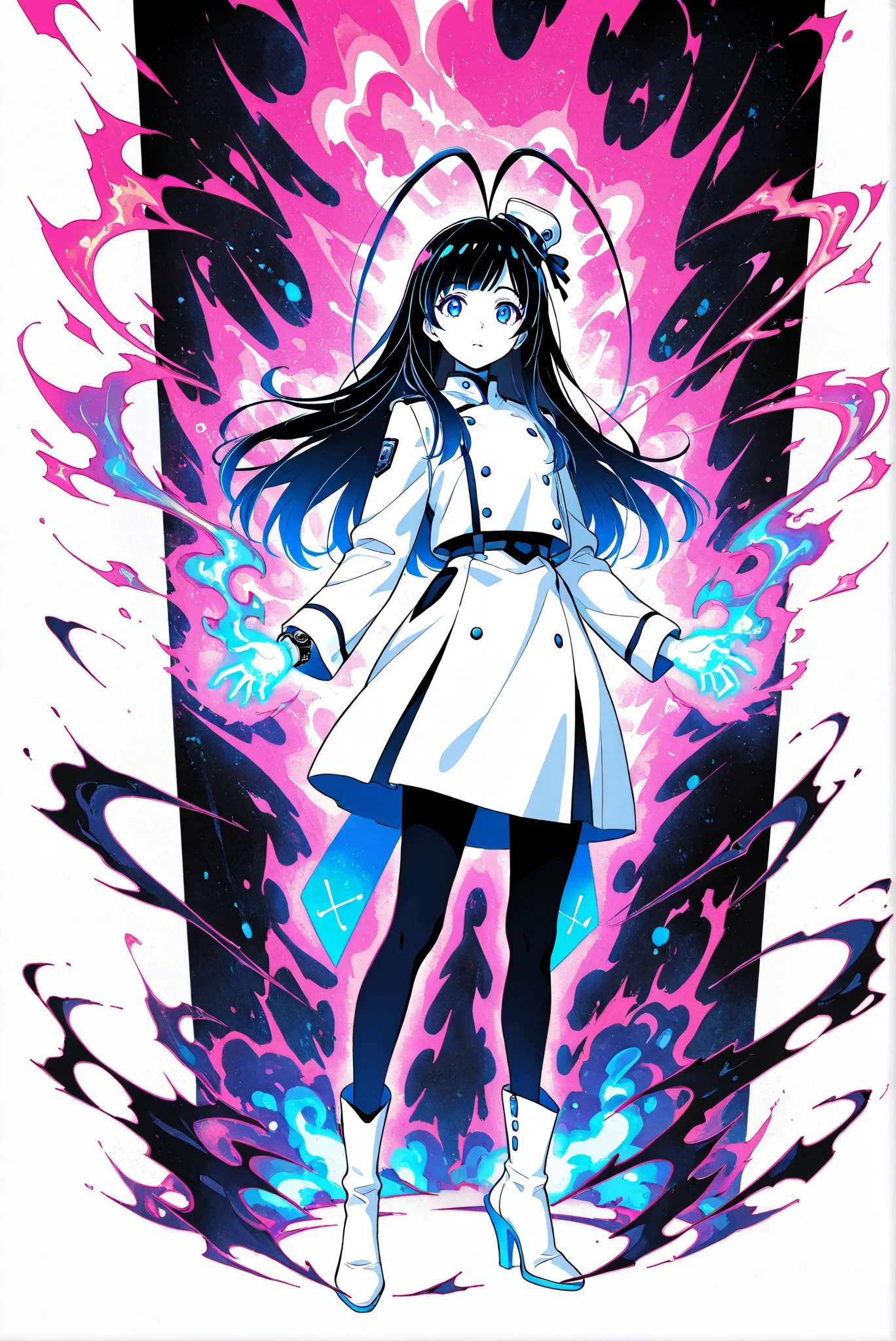 ( stands,full body,heels,front view,Standing picture,white background:1.7),HoleHeels,oval/Circle/Thorn/Horn Heels,,limited palette,Colorful,vivid colors,flashing silhouette,neon,black light ,watch, masterpiece, Very Beautiful,giselle_gewelle , androgynous, 1girl , long hair, black hair, Antenna Hair, blue eyes,pantyhose, mini hat, long sleeves, white uniform, white boots ,Poimagmb,aura,Glowing,Gas, glowing gas in hands,miko-cosplay