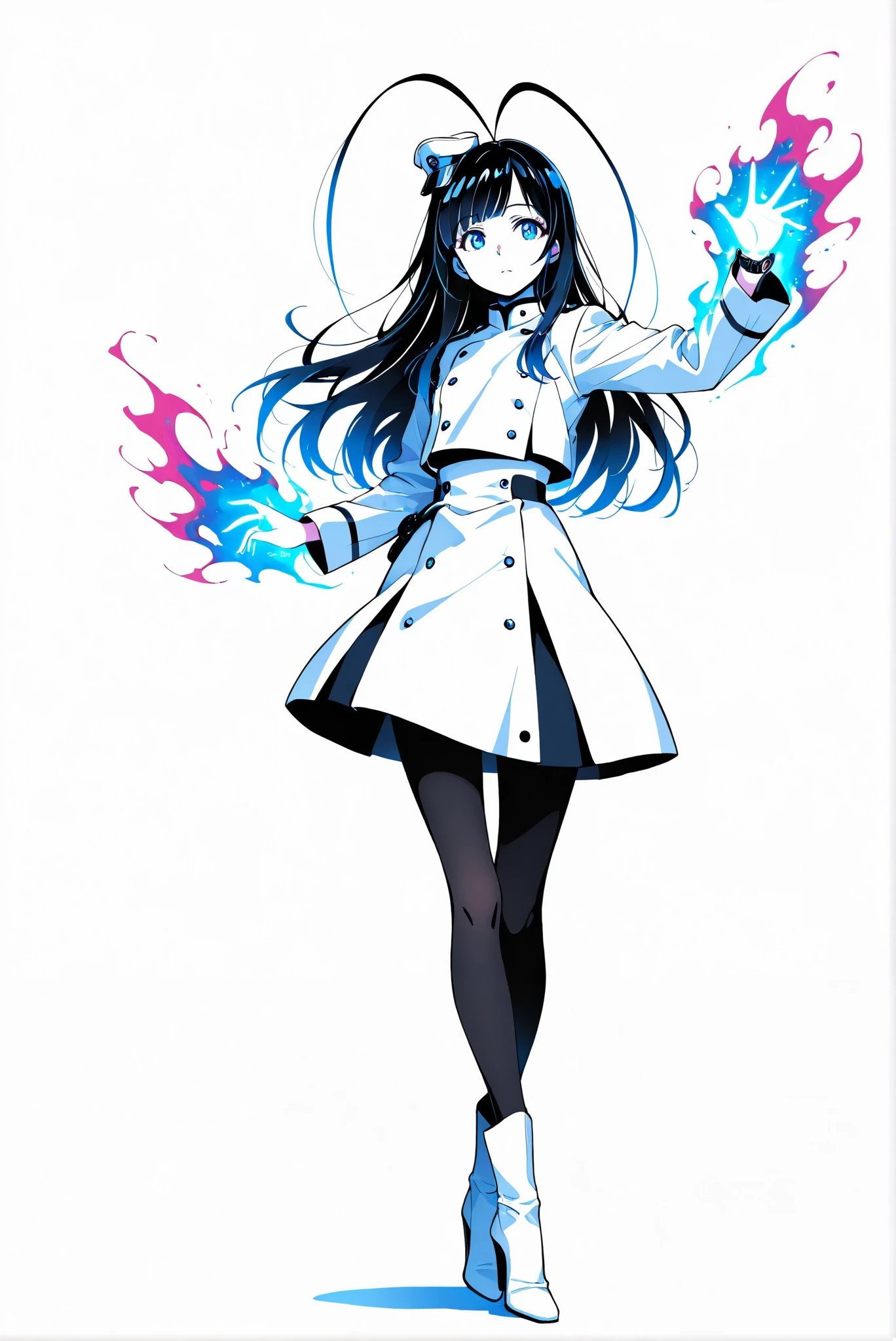 （  stands，full body，heels，front view，Standing picture，white background:1.7)，HoleHeels，oval/Circle/Thorn/Horn Heels，,limited palette,Colorful,vivid colors,flashing silhouette,neon,black light ,watch, masterpiece, Very Beautiful，giselle_gewelle , androgynous,  1girl , long hair, black hair,  Antenna Hair, blue eyes,pantyhose, mini hat, long sleeves, white uniform, white boots ，Poimagmb,aura,Glowing,Gas, glowing gas in hands,miko-cosplay
