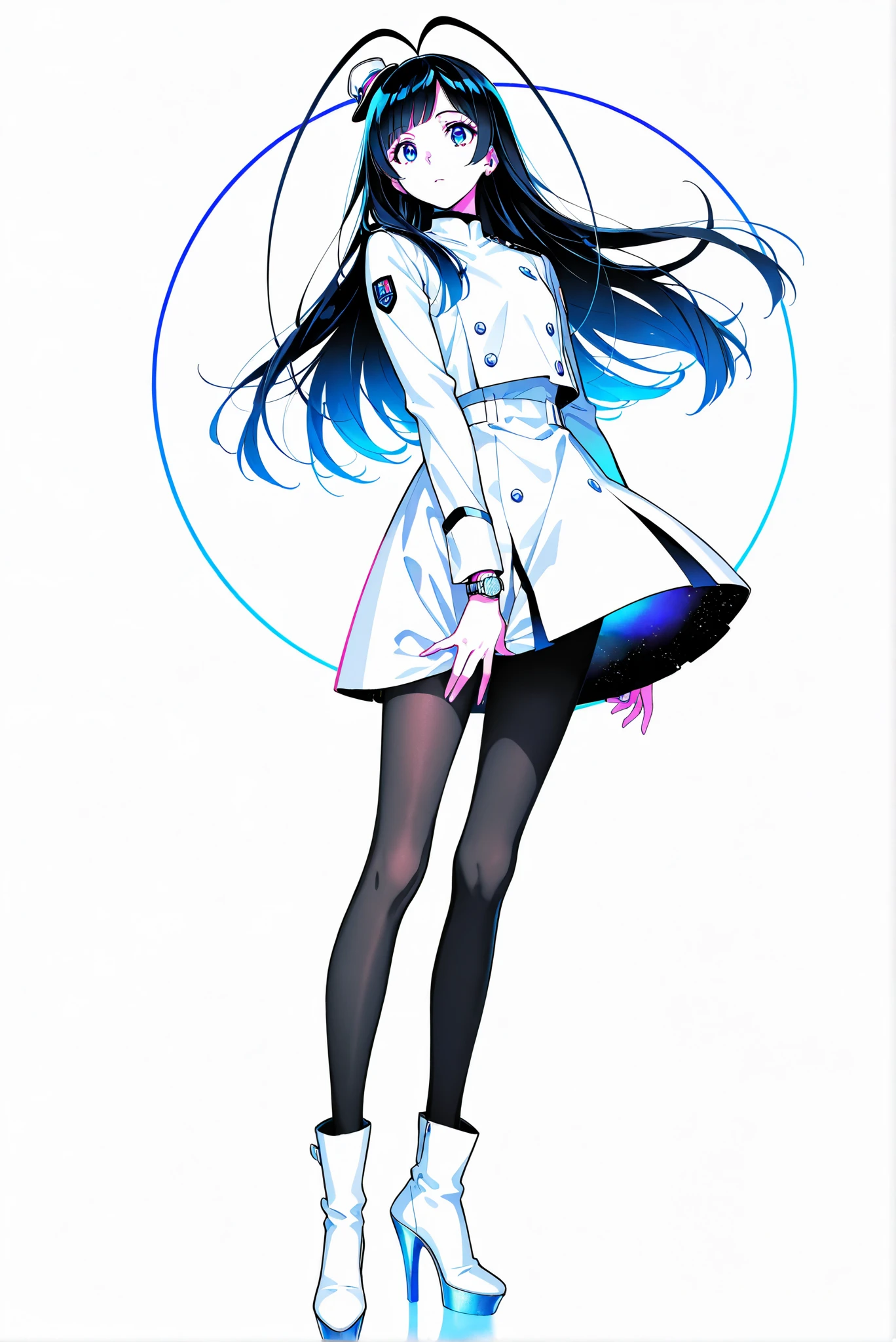 ( stands,full body,heels,front view,Standing picture,white background:1.7),HoleHeels,oval/Circle/Thorn/Horn Heels,,limited palette,Colorful,vivid colors,flashing silhouette,neon,black light ,watch, masterpiece, Very Beautiful,giselle_gewelle , androgynous, 1girl , long hair, black hair, Antenna Hair, blue eyes,pantyhose, mini hat, long sleeves, white uniform, white boots ,