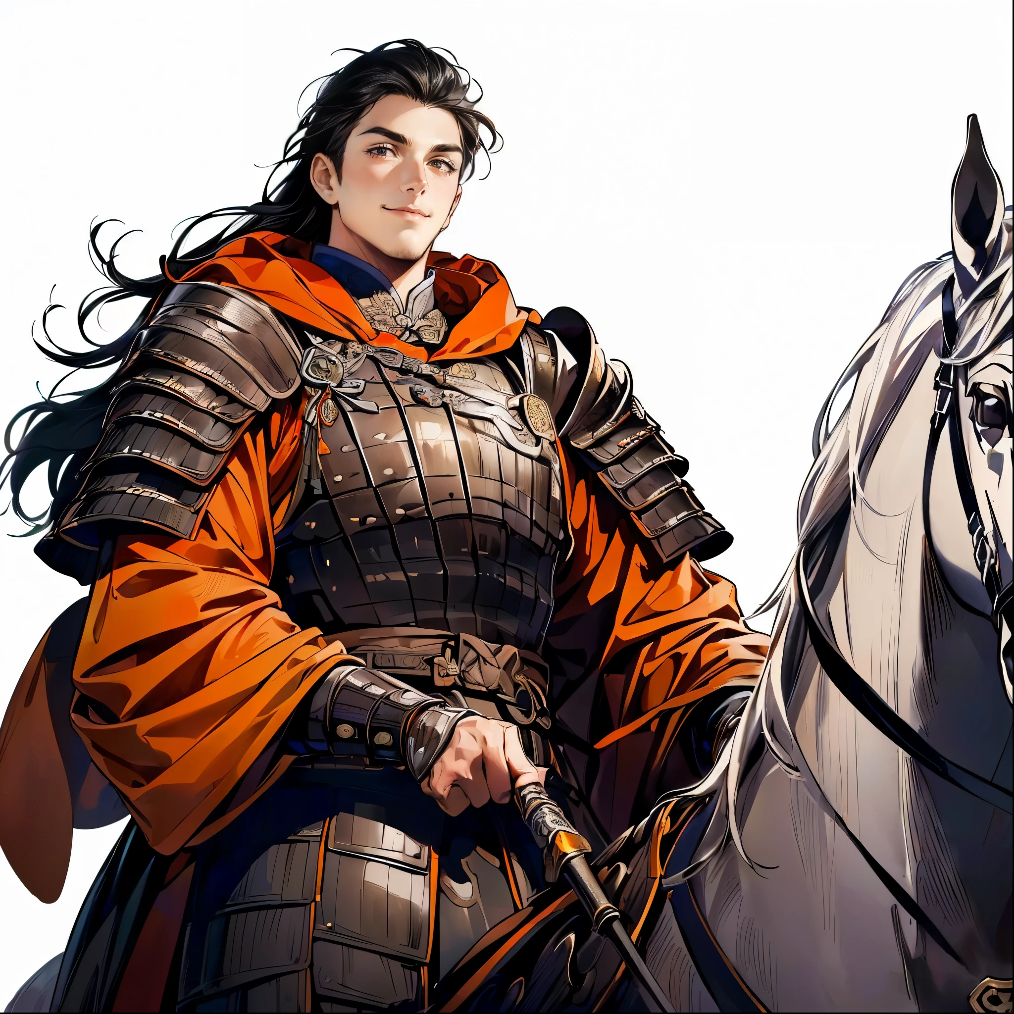 (TOP QUALITY,4K,8k,high resolution,masterpiece:1.2),super detailed,(super fine illustration),((a man in armor with a spear on a horse)),20 years old, detailed eyes :1.2, perfect eyes,(( Attractive Dark Eyes )),(long black hair:1.3),(( smile with plenty of room:1.2)),cinematic lighting, soft shadows,((ancient Chinese silver armor drawn in detail:1.3,A large orange cloak:1.3,A white horse drawn in detail:1.3)),((cowboy shot:1.2,from below:1.1)),(( WHITE BACKGROUND :1.3,simple background:1.3)),(( standing:1.3,depicted so as not to be seen from the tip of his head:1.3))