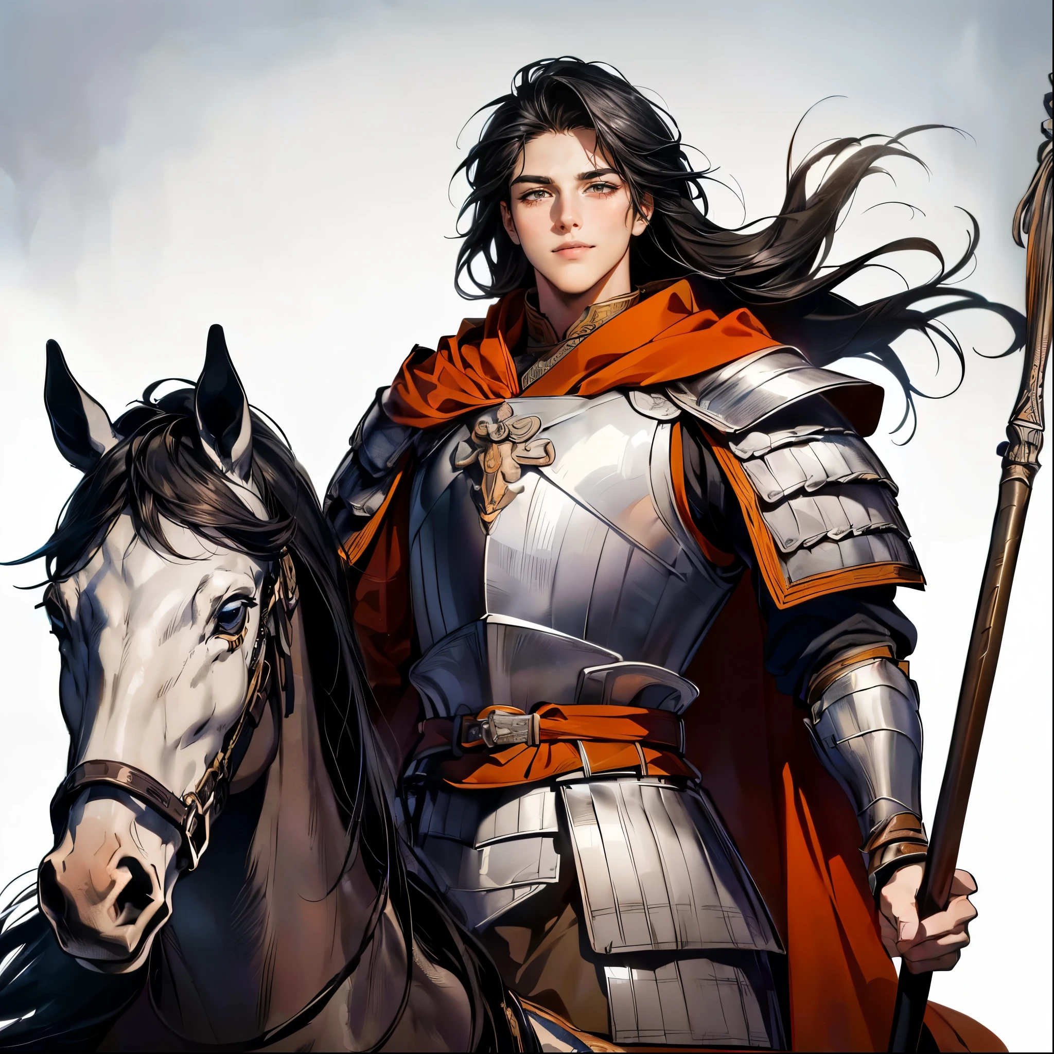 (TOP QUALITY,4K,8k,high resolution,masterpiece:1.2),super detailed,(super fine illustration),((a man in armor with a spear on a horse)),20 years old, detailed eyes :1.2, perfect eyes,(( Attractive Dark Eyes )),(long black hair:1.3),(( smile with plenty of room:1.2)),cinematic lighting, soft shadows,((ancient Chinese silver armor drawn in detail:1.3,A large orange cloak:1.3,Hand holding the rein、A white horse drawn in detail:1.3)),((cowboy shot:1.2,from below:1.1)),(( WHITE BACKGROUND :1.3,simple background:1.3)),(( standing:1.3,depicted so as not to be seen from the tip of his head:1.3))