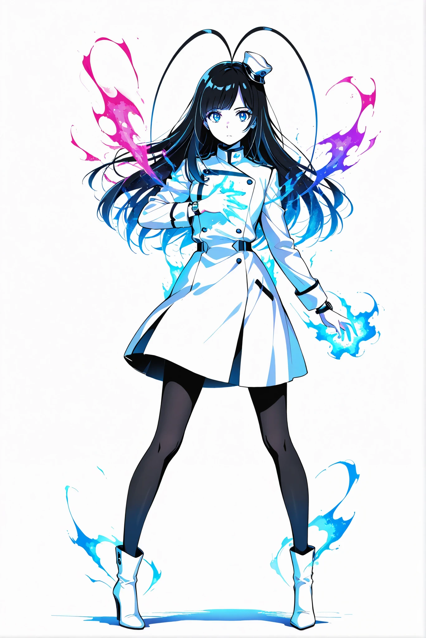 （  stands，full body，heels，front view，Standing picture，white background:1.7)，HoleHeels，oval/Circle/Thorn/Horn Heels，,limited palette,Colorful,vivid colors,flashing silhouette,neon,black light ,watch, masterpiece, Very Beautiful，giselle_gewelle , androgynous,  1girl , long hair, black hair,  Antenna Hair, blue eyes,pantyhose, mini hat, long sleeves, white uniform, white boots
，Poimagmb,aura,Glowing,Gas, glowing gas in hands,

