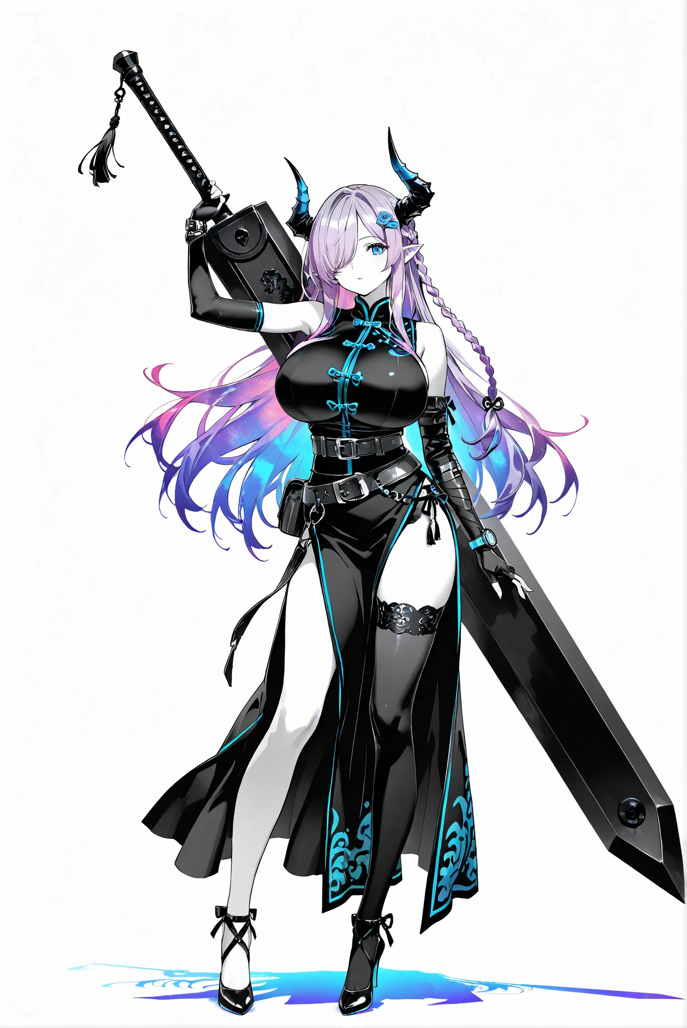 ( stands,full body,heels,front view,Standing picture,white background:1.7),HoleHeels,oval/Circle/Thorn/Horn Heels,,limited palette,Colorful,vivid colors,flashing silhouette,neon,black light ,watch, masterpiece, is very beautiful DefNMya, horns, pointy ears, braid, lavender hair, long hair, blue eyes, hair over one eye, hair ornament, Tangzhuang , sleeveless, black skirt, belt, elbow gloves, asymmetrical gloves, fingerless gloves, single thighhigh, black thighhighs, huge breasts,, 龍殺手之sword-II.v1.0, holding - dragon slayer, Giant Weapon, sword, holding sword, Handheld