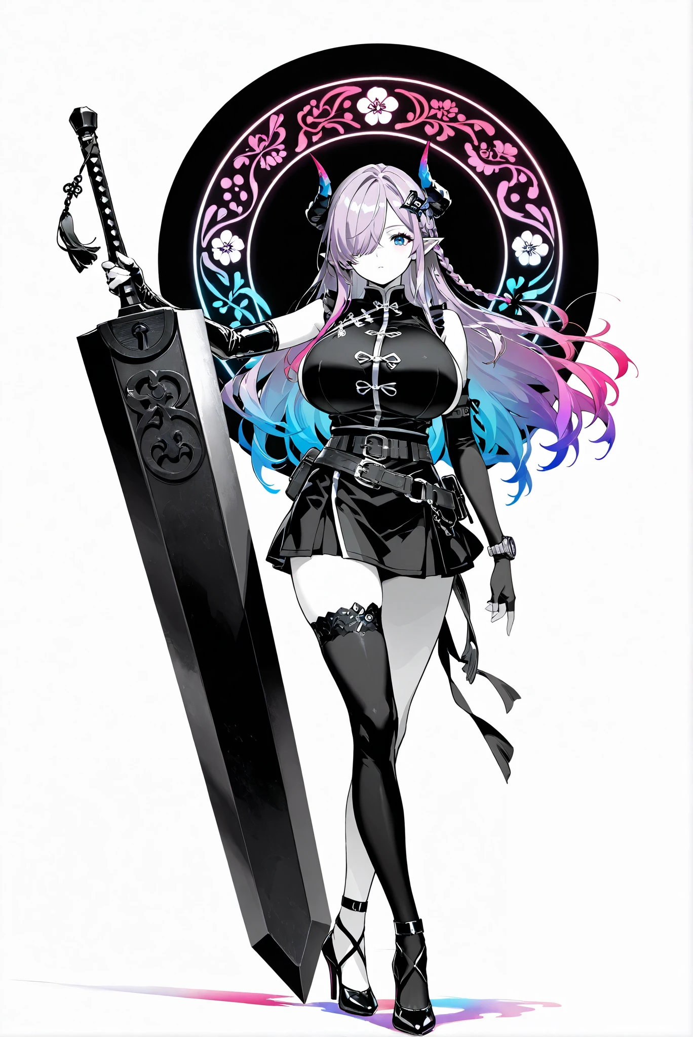 ( stands,full body,heels,front view,Standing picture,white background:1.7),HoleHeels,oval/Circle/Thorn/Horn Heels,,limited palette,Colorful,vivid colors,flashing silhouette,neon,black light ,watch, masterpiece, Very beautiful DefnMya, horns, pointy ears, braid, lavender hair, long hair, blue eyes, hair over one eye, hair ornament, Tangzhuang , sleeveless, black skirt, belt, elbow gloves, asymmetrical gloves, fingerless gloves, single thighhigh, black thighhighs, huge breasts,, 龍殺手之sword-II.v1.0, holding - dragon slayer, Giant Weapon, sword, holding sword, armed
