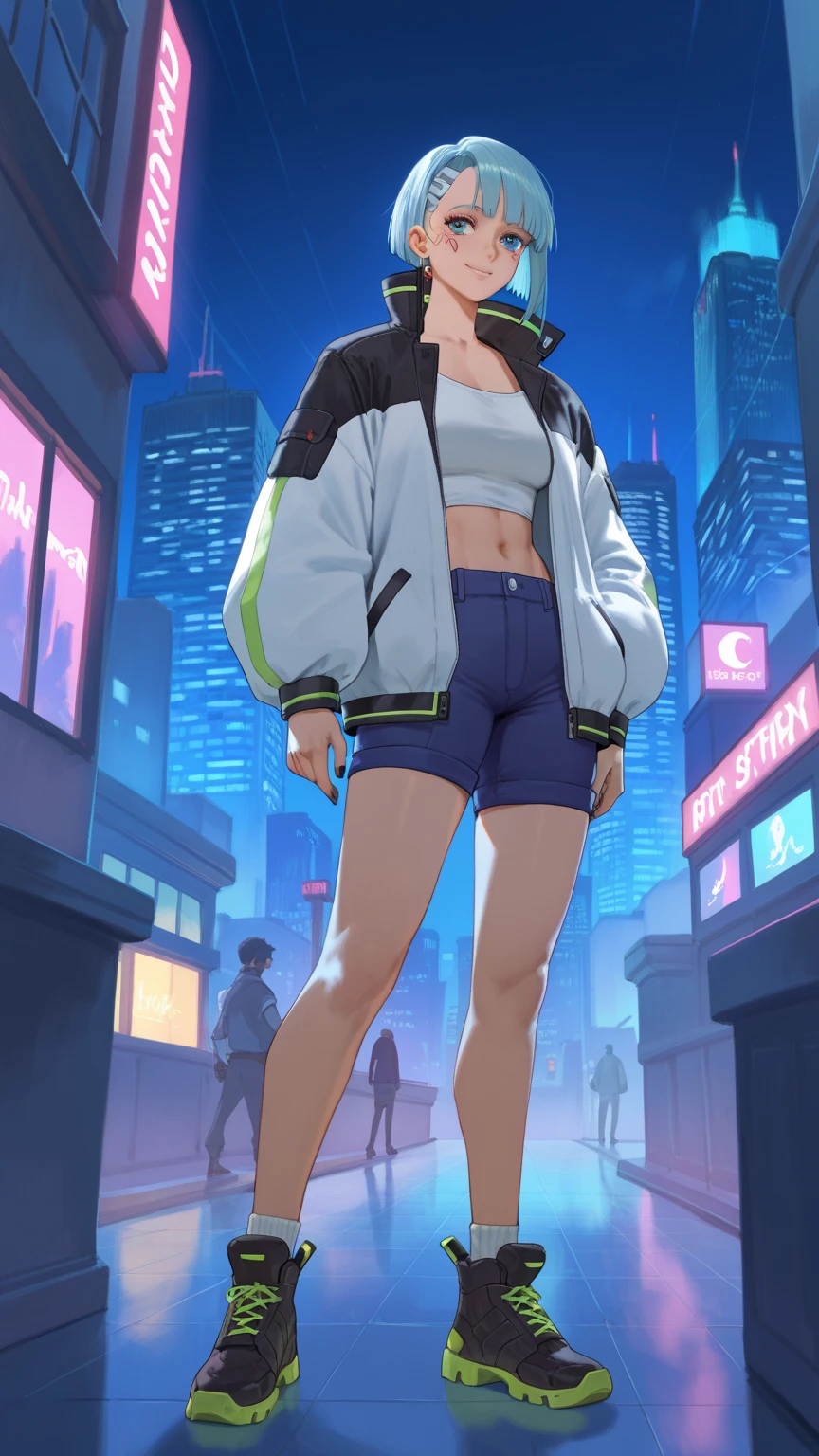 (masterpiece:1.2, best quality),dynamic lighting, full body,
1girl, solo, foxy eye makeup, body detail, face detail , (flat chest), low ponytail, tied hair, short hair, glowing skin,Wear Hoodies , sport shorts, smart backpack,
shy, sweat ,night Shibuya in background,