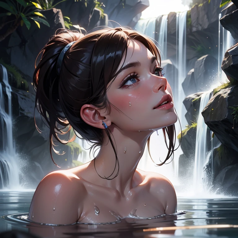 Night scene, close-up photo of topless nun, small breasts, bathing near the waterfall, body soaked in water, lean cheeks, wet hair, chin up, seductive face, no bra, stones, pure water, cleavage show, water on the body, realistic pores on the body, look up at the sky and smile, black ponytail hair, (blue eyes: 0.8), beautiful adult face, 20 yo, soft volumetric lights, (backlit: 1.3), (cinematic: 1.3), intricate details, (ArtStation: 1.2)