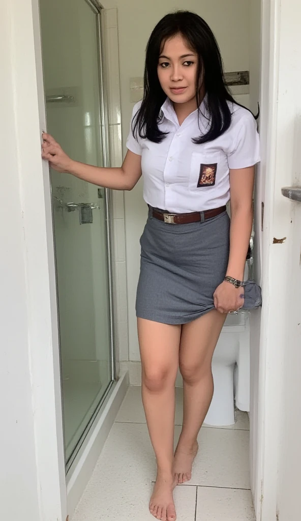 (pp clothes), (realistic), girl showing her panty, show underwear, standing, open legs, view to front, view to camera, wear underwear, visible underwear, Indonesian face, classroom situation.