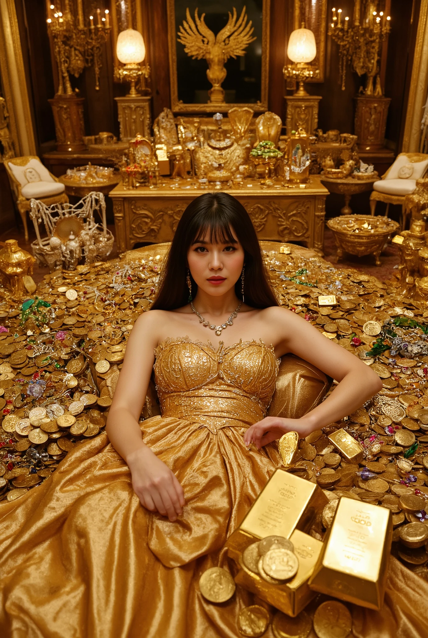 Create an image of a 20-year-old Japanese girl with fair skin, featuring medium-length straight hair, elegantly dressed in a stunning golden gown. She is lying atop a massive pile of gold bars and coins, surrounded by an astonishing array of luxurious jewelry. The opulent Rococo-style room is adorned with a dazzling display of gold artifacts and gemstones, showcasing the brilliant sparkle of diamonds, rubies, sapphires, and emeralds. The scene captures an atmosphere of wealth and extravagance, highlighting the enchanting glow of the treasures.