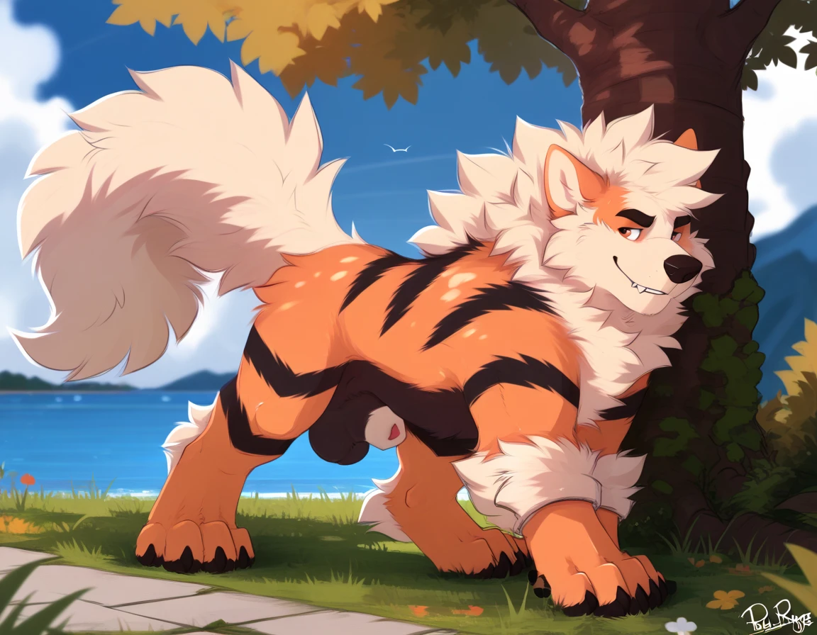 Arcanine,male,fluffy,balls,sheath, knot,feral,rising one leg,thick leg,streching