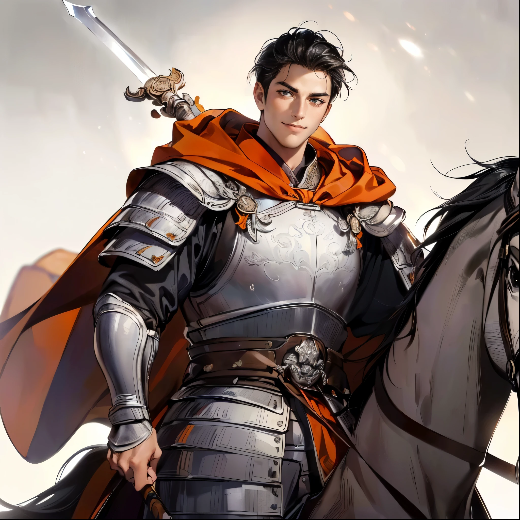 (TOP QUALITY,4K,8k,high resolution,masterpiece:1.2),super detailed,(super fine illustration),((a man in armor with a spear on a horse)),20 years old, detailed eyes :1.2, perfect eyes,(( Attractive Dark Eyes )),(long black hair:1.3),(( smile with plenty of room:1.2)),cinematic lighting, soft shadows,((ancient Chinese silver armor drawn in detail:1.3,A large orange cloak:1.3,Hand holding the reins、A white horse drawn in detail:1.3)),((cowboy shot:1.2,from below:1.1)),(( WHITE BACKGROUND :1.3,simple background:1.3)),(( standing:1.3,depicted so as not to be seen from the tip of his head:1.3))