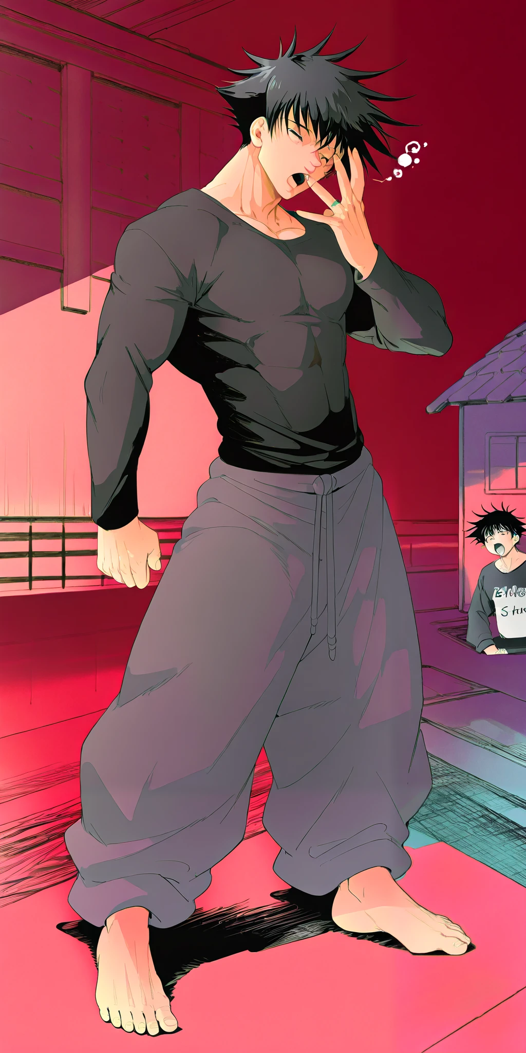 Fushiguro Toji, handsome, swole, tall, buffed, black eyes, manly, brolic, and strong. He's wearing an oversized loose black shirt with long sleeves, and long white baggy pants. He's barefoot and is wearing one ring. A snow-covered house in the background, standing, and yawning. Show full body.