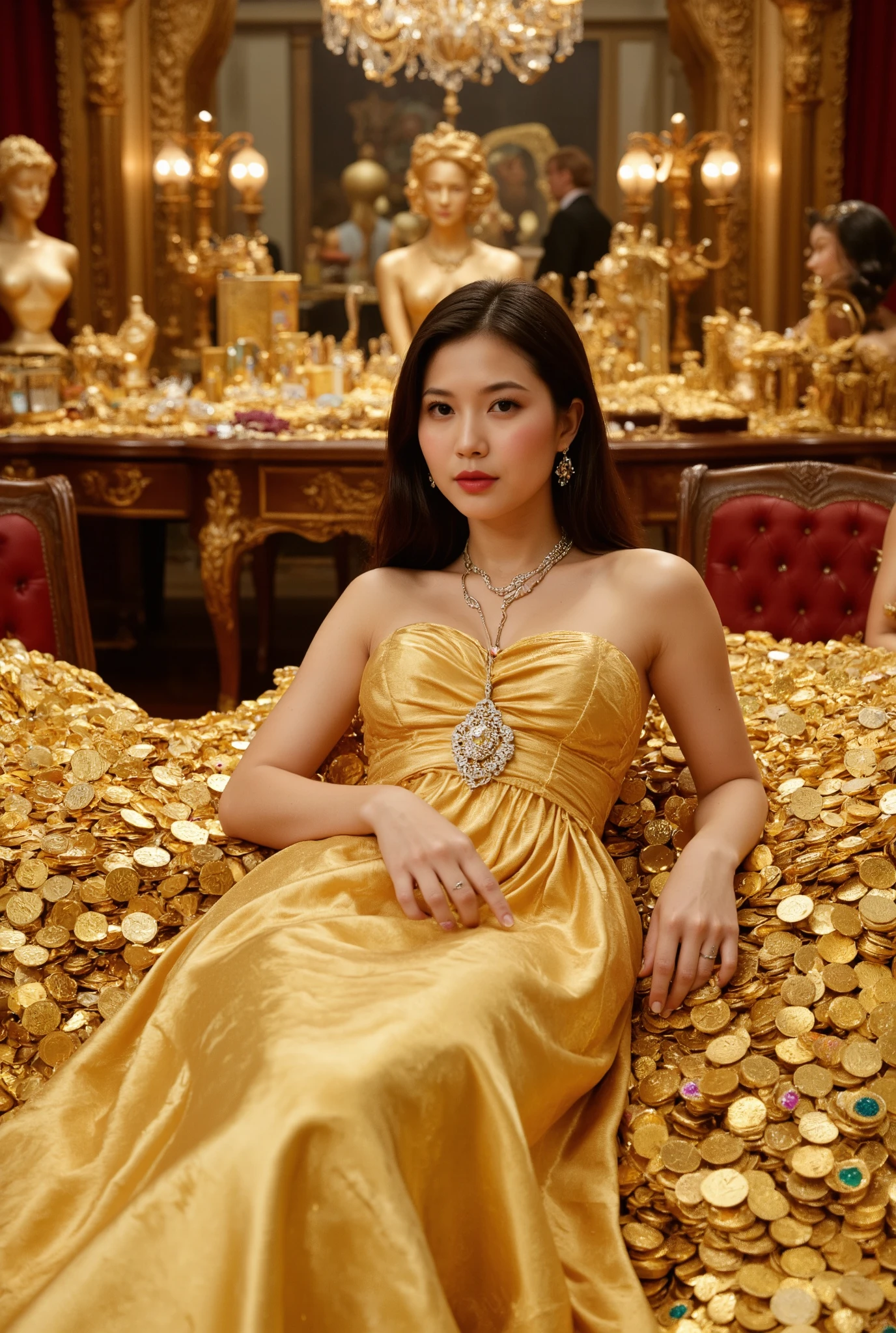 Create an image of a 20-year-old Japanese girl with fair skin, featuring medium-length straight hair, elegantly dressed in a stunning golden gown. She is lying atop a massive pile of gold bars and coins, surrounded by an astonishing array of luxurious jewelry. The opulent Rococo-style room is adorned with a dazzling display of gold artifacts and gemstones, showcasing the brilliant sparkle of diamonds, rubies, sapphires, and emeralds. The scene captures an atmosphere of wealth and extravagance, highlighting the enchanting glow of the treasures.