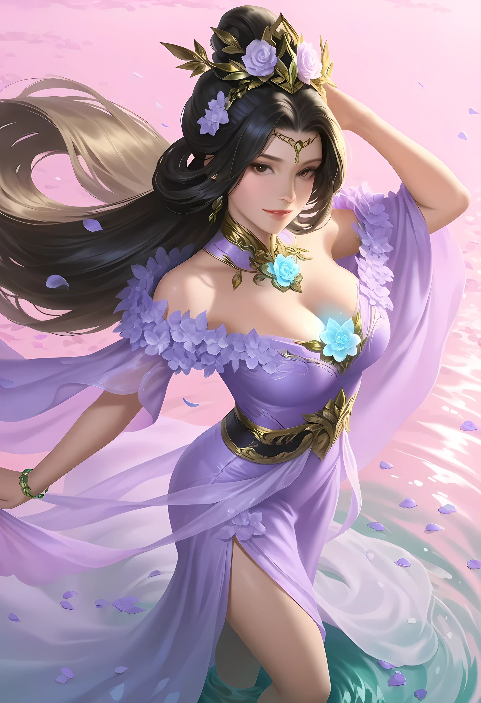 celestireal,(dynamic pose, perspective:0.8), (mature female:0.9), soft skin, shining glossy skin, hyper-realistic, realism, (blurry:0.75), close-up,Asian woman,Her intense gaze locks onto the viewer, eyes glowing faintly with toxic-green energy,(detailed clothing:1.2), (accessories:1.1), (expression:1.2), (body type:1.1), (pose:1.2), in flowing green and light purple/lavender dress with golden accessories and a crown, (detailed skin texture:1.2), (detailed hair:1.2) , in mid-frame, facing slightly right, looking at viewer, posing gracefully, with long flowing hair, standing over water, light pink background with a soft mist, (detailed flower petals:1.1), (soft water reflections:1.1), calm atmosphere, artistic style, digital painting, beautiful colors, soft lighting, fantasy style, (flower-decorated jewelry:1.2)