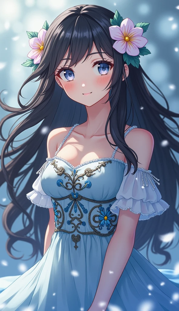 a field of beautiful blue roses, delicate petals, lush green foliage, intricate details, serene landscape, warm golden hour lighting, cinematic, highly detailed, 8k, masterpiece, (best quality,4k,8k,highres,masterpiece:1.2),ultra-detailed,1girl,black hair,wavy hair,(round big eyes),blunt bangs,fairytail