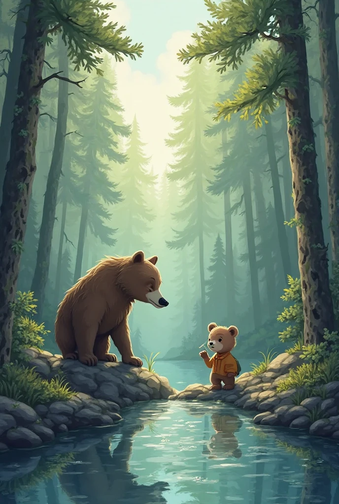 no human, autumn, river, a large brown bear and small bears,