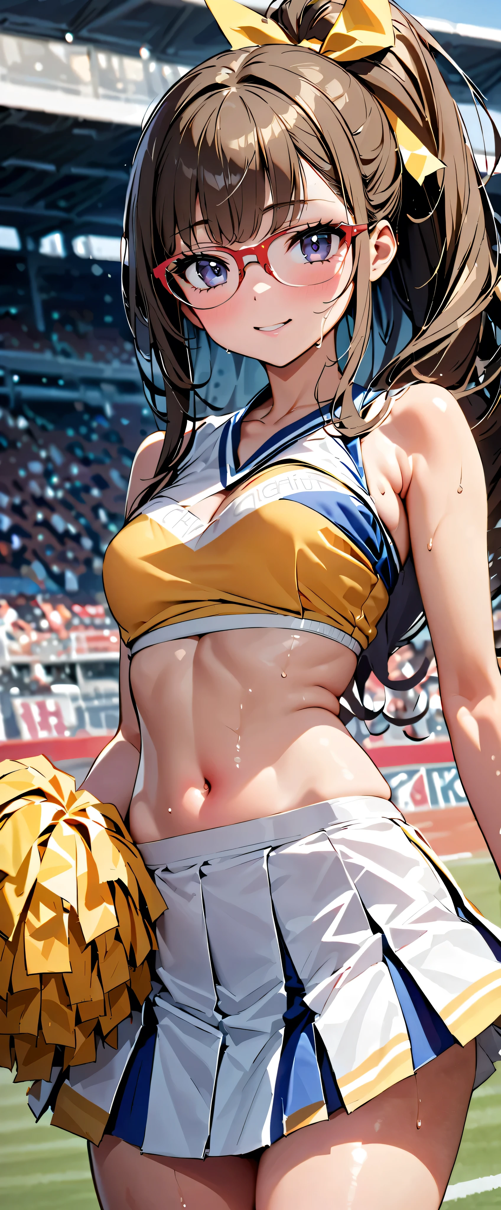 ( masterpiece, top quality, Ultra A High Resolution),Japanese woman alone, ((( a very pretty girl ))), cute girl、Staring at the photographer、 (()), very cute face, glossy lips, , natural smile 、 Natural Cosmetics, long lashes, Shiny Smooth Hair 、, Perfect Limbs , perfect anatomy,((( shining cheer uniform , cheerleader, cheerleader, tube top)))) STADIUM,, sweaty,((( tube top)))Gloss Lip,Glasses, small tits, skinny