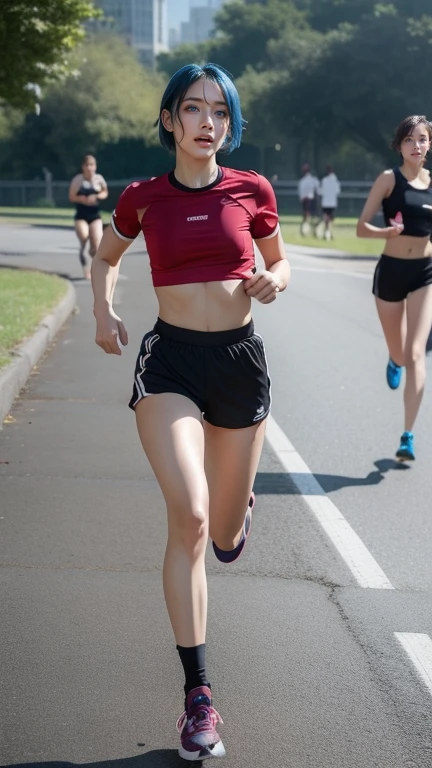 (Medium_shot:1.2), Best Quality, 8K, Raw photo, ((FULL BODYSHOT,longshot)),masutepiece:1.2, (Realistic, Photorealsitic:1.4), (1girl in),Hair in a ponytail,Panty bloomers,(skinny thigh,groin,RunningShoes),Slender body,being thin,Brown skin,Running on the athletics stadium,Sweaty body,breathlessness