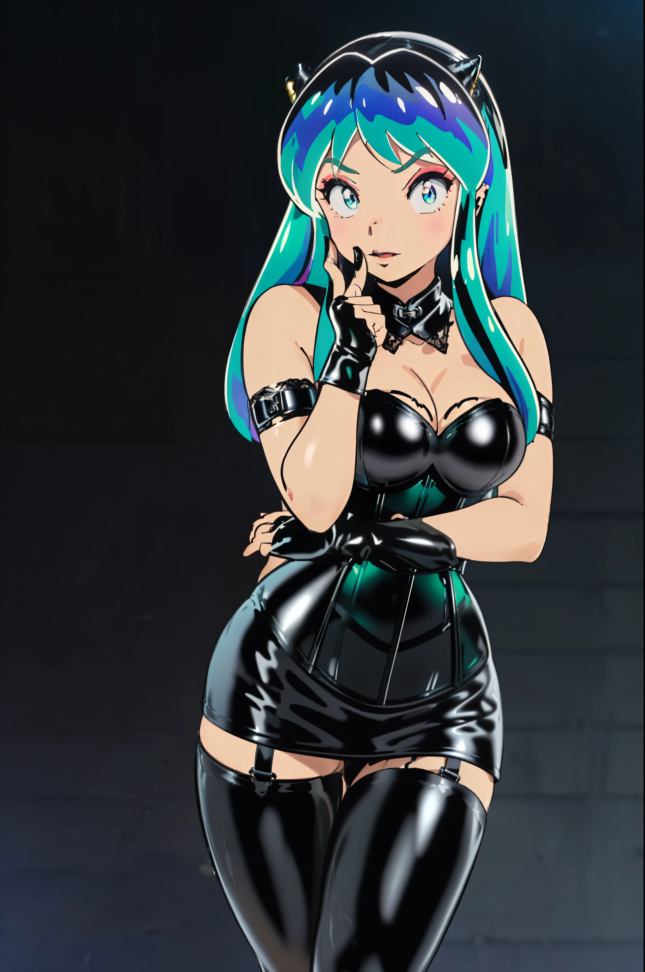 BDSM、Queen、mistress、One girl、solo、(((Long gloves covered to the fingertips in black latex)))、(((Black latex corset dress:1.4)))、(((The corset dress is decorated with beautiful lace.)))、(((corset dress with shoulder straps)))、(((Black latex tight mini skirt:1.4)))、(((Black Thigh Boots)))、Stiletto heels、(((Black latex panties)))、(((Black latex bra)))、(((Black leather collar)))、(((Sexy pose)))、Wide-open legs、(((Erotic)))、(((Cowboy Shot)))、highest quality、Ultra-detailed、Blue Eyes、Green Hair、small yellow horns２There are books、Long straight hairstyle、1 female、Ram、Close-up、Staring at the audience、Contempt、laugh at、blush:1.2、Cold gaze:1.2 、Action pose、