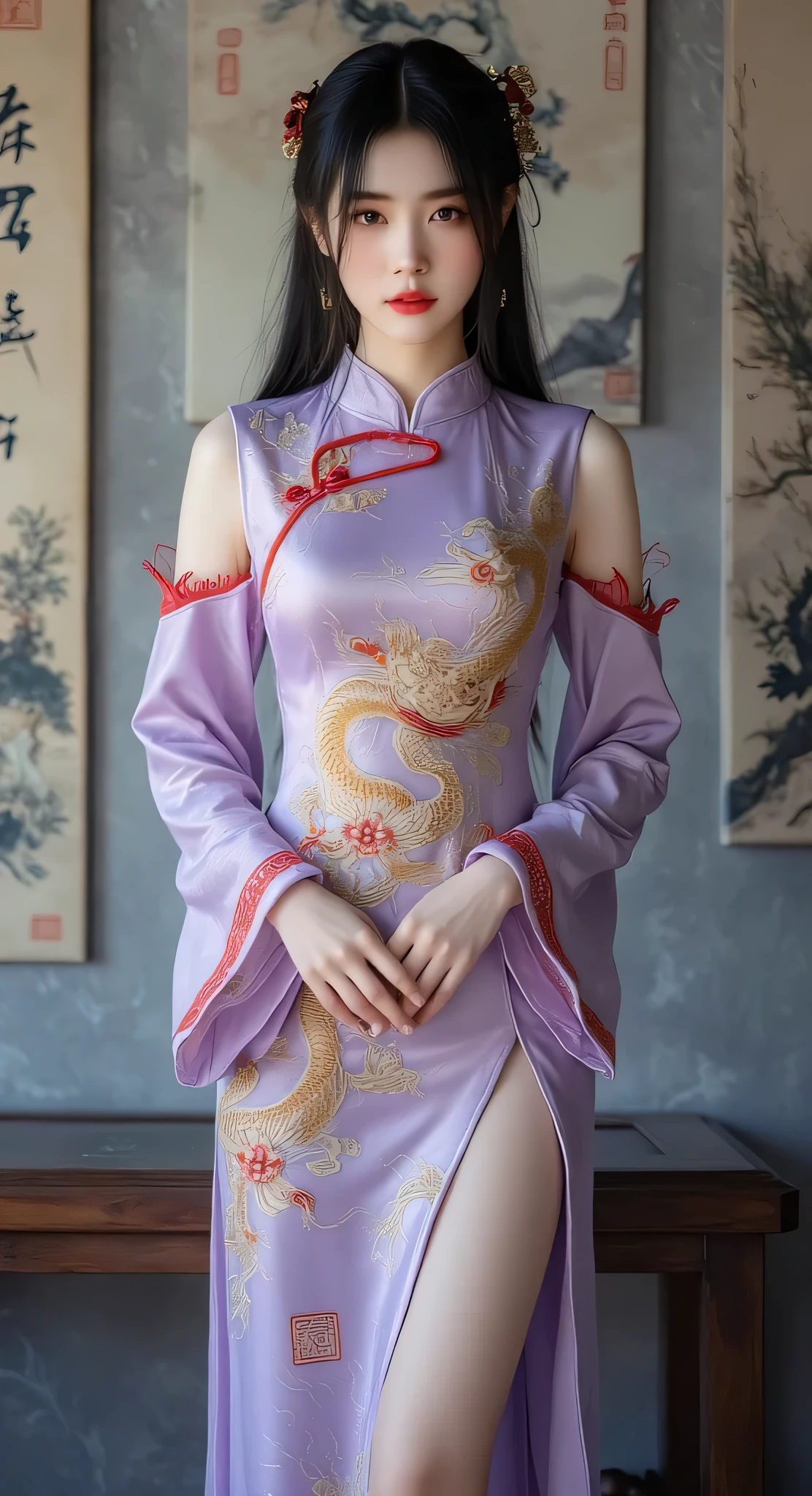 Young beautiful woman, exquisite face,Front view,Vision,Flat rate,black hair with gold ornaments,The eyes are gentle。wearing a cheongsam dress,Fubu,The main color is light purple,high-grade yarn fabric,golden dragon embroidery on the dress,Slightly through,, you can see the arms,large sleeves,and red socks on the edge of the cuff {x} with red pattern decoration on the edge of the cuff。high slit on one side and open legs with red socks。 stands,interior light gray wall, soft light,There are Chinese paintings