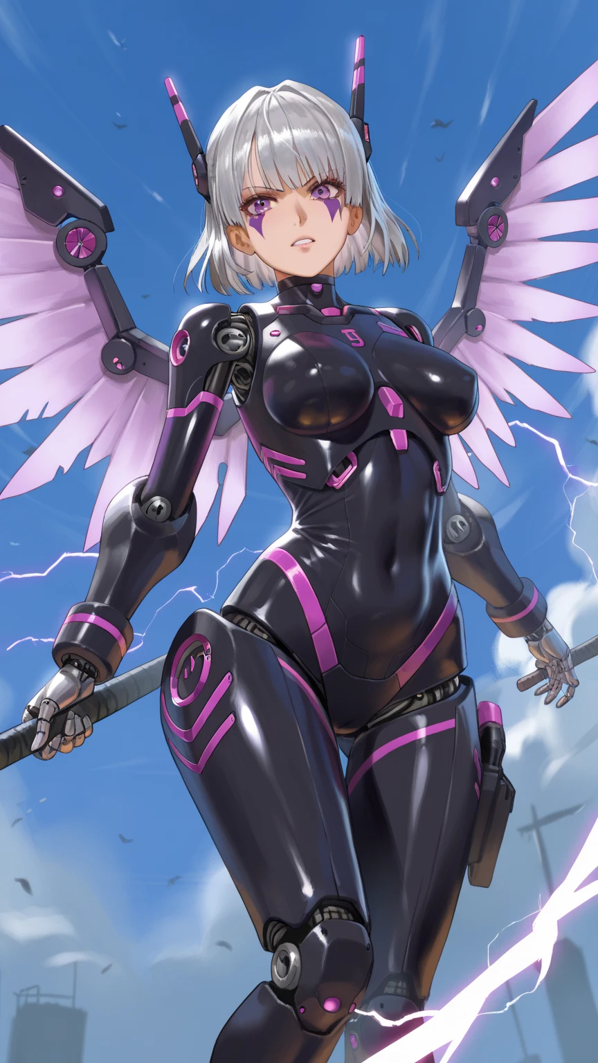 Beauty、muste piece、best quality、cyber punk、Skin exposed in places、shiny skin、shiny skin、well-groomed face、high tech machine、Exposed cleavage、angelic wings、white costume、Thigh exposure、white hair、bra and panties、bright background