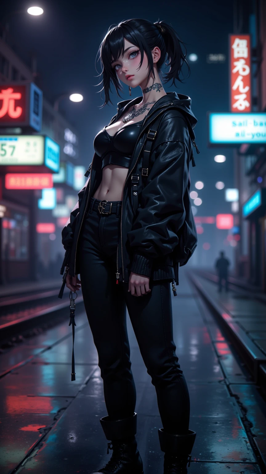 (masterpiece), (4k), (fujiflm), (16k), (CanonCamera) , Visually captivating artwork, with skillful use of color, composition, and light. Innovative artwork, showcasing unique and imaginative concepts, (Colourful elements) , (c-cup breast) hyper-detailed photo realistic , (Long Bobhaircut) , detailed , (walking towards viewers) , (wearing long dark grey hoodie and lower punk style) , (holding gun) , Emotionally resonant artwork, effectively conveying a narrative, Momentum-aligned artwork, reflecting a sense of movement and progress. Skillfully crafted artwork, demonstrating meticulous detail and technique. 