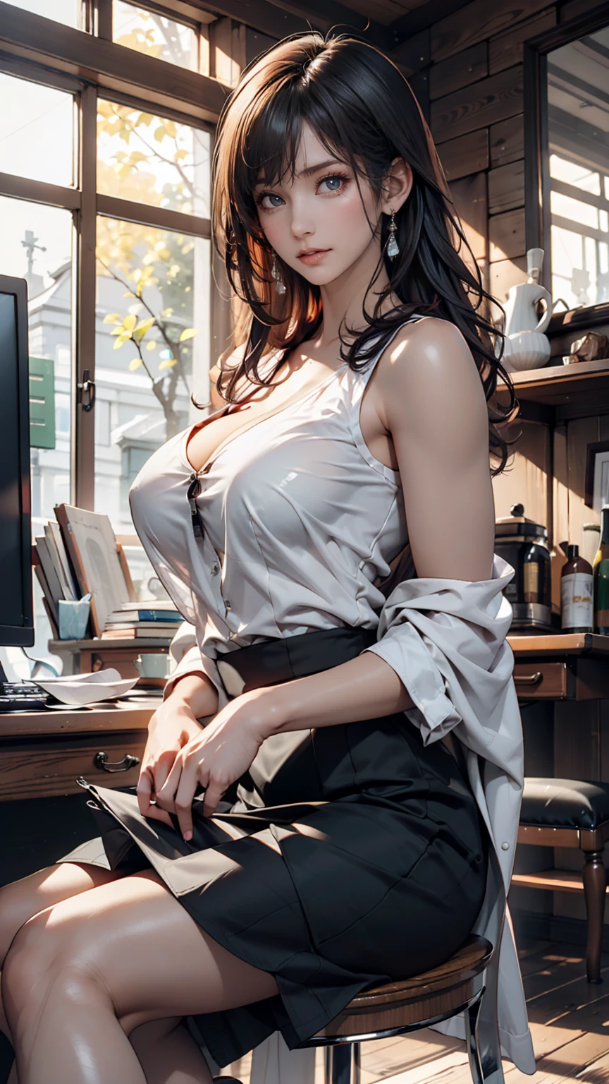 ((realistic face, happy, young look)), (white open shirt, blue jeans), (huge breasts), (black long hair), (20 years), (1 girl), (4k style)