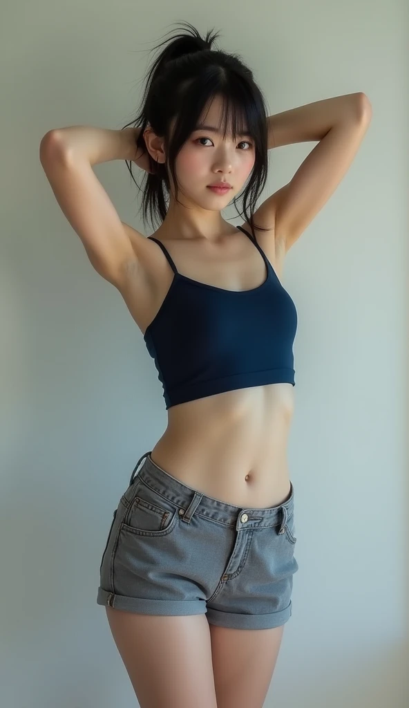create a young image, (blonde), (short bob hair), straight hair, asymmetrical bangs, , , ((white crop top)), ((Blue and white striped low rise high leg panties)), cleavage, realistic, perfect pussy, perfect body, masterpiece, 8K, ultra realistic, Are standing,(turn your body forward), dark room, ((dirty wall background)), the wallpaper was torn, ((Gaps between the legs, There is a large gap between the legs)) ,fun