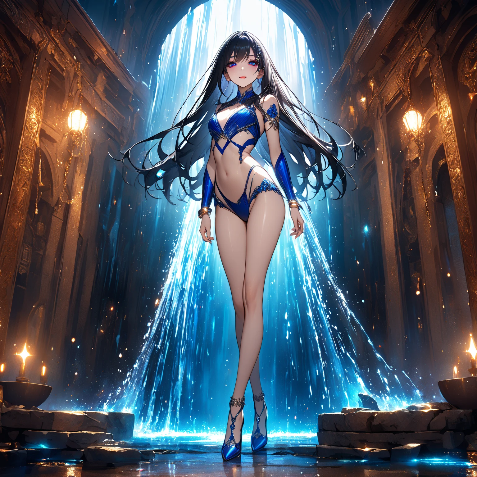 Create hyper-detailed, best quality, High resolution masterpiece，Depicts a shadowy element and a woman-shaped figure oozing with blue energy., High quality shadows, lifelike,