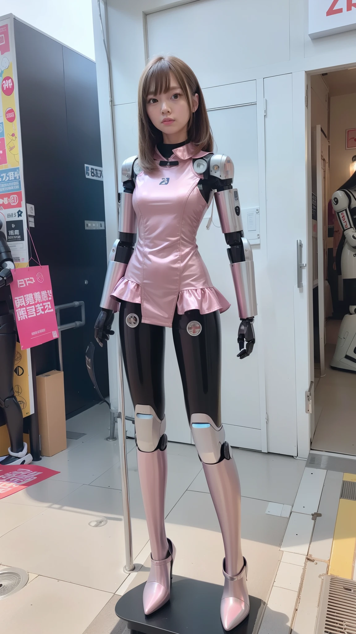 Robot Girl, pink there, Silver, Metallic body, Robot Parts, Metal Parts, Super Detailed Face, Super well-formed face, of the highest quality, a small face, a small head, Brown hair, Slender body, Camera gaze, Internal Mechanical Exposure, Idol, front facing, Well-proportioned body, sale, Exhibited, Event Hall, Moe Pose, pink metallic Lolita dress machine armor, Standing with legs open, Model body type, sad, Embarrassing,(Perfect Robot Girl),(Perfect machine body)
