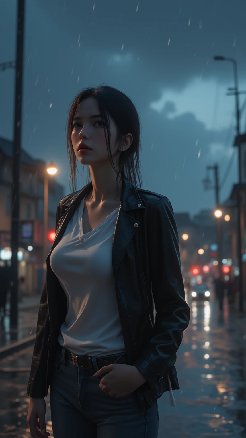 girl in the rain, cloudy, young, beautiful face, detailed face, white skin, cropped top, tight leggings, wet clothes, legs, beautiful hair, absolutely long straight hair, detailed hairstyle, kind face, looks at the viewer, (masterpiece), (best quality), (ultra-high quality), (8k resolution), (over-detailed), (ray tracing), erte 12k, high definition, cinematic, neoprene, behance contest winner, portrait featured on unsplash, stylized digital art, smooth, ultra high definition, 8k, unreal engine 5, ultra sharp focus, intricate artwork masterpiece, ominous, epic, TanvirTamim, trending on artstation, by artgerm, h. r. giger and beksinski, highly detailed, vibrant
