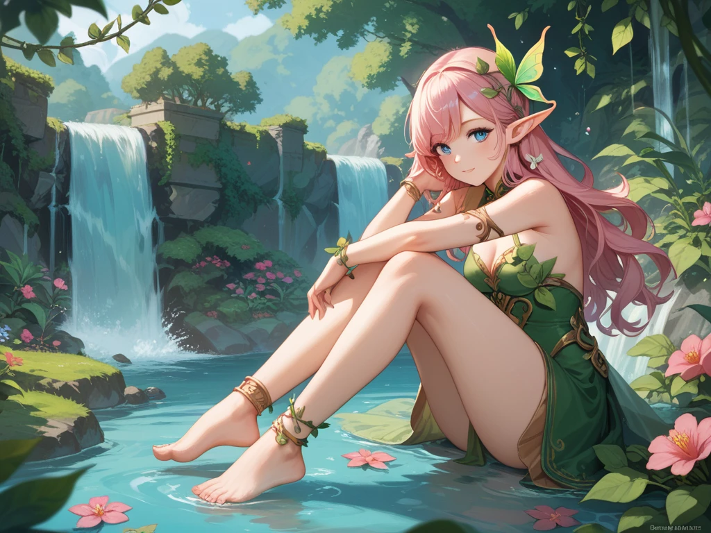 "A highly detailed and fantastical image featuring a beautiful female elf with long, flowing hair, dressed in intricate, medieval-style green clothing adorned with magical details. She is sitting under a large, ancient tree in a tranquil forest, sleeping peacefully. Soft, ethereal light filters through the canopy, creating a serene and enchanting atmosphere. The background includes lush greenery, softly glowing plants, and a gentle stream flowing nearby. The entire setting evokes feelings of peace, relaxation, and connection with nature. The overall style is dreamy and magical, with a strong emphasis on the beauty and mysticism of the natural world. The elf has an animation-style design, enhancing the whimsical and otherworldly feel of the scene."