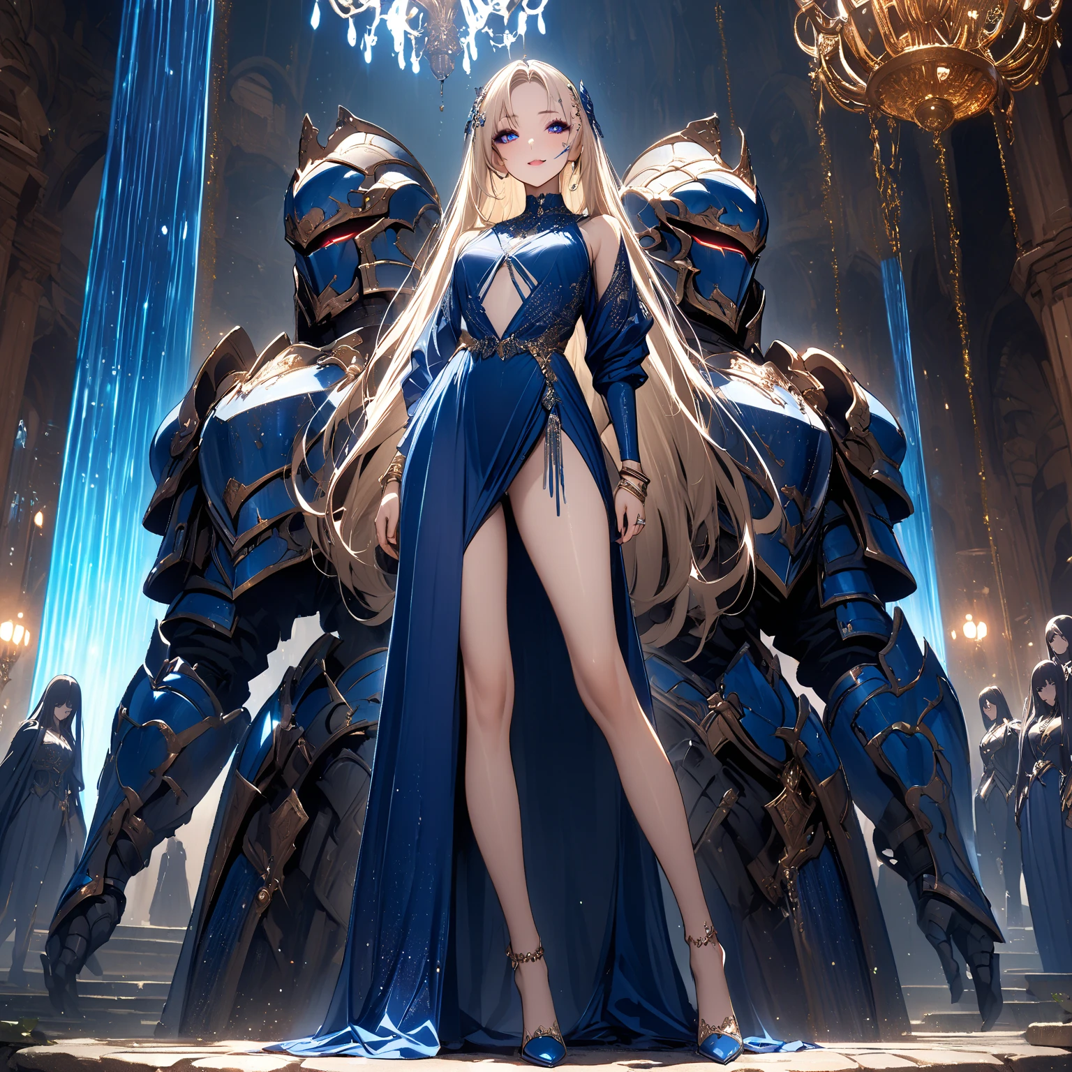 (masculine) (man) (blond hair) (blond hair muy largo que llega hasta los talones) (long hair down to heels) (blue eyes) (blue eyes brillantes) (man androide) Her hair is long and blonde, has blue eyes, He wears a black tunic with some red and yellow details.) (black tunic and some gold details) (surrounded by stars)