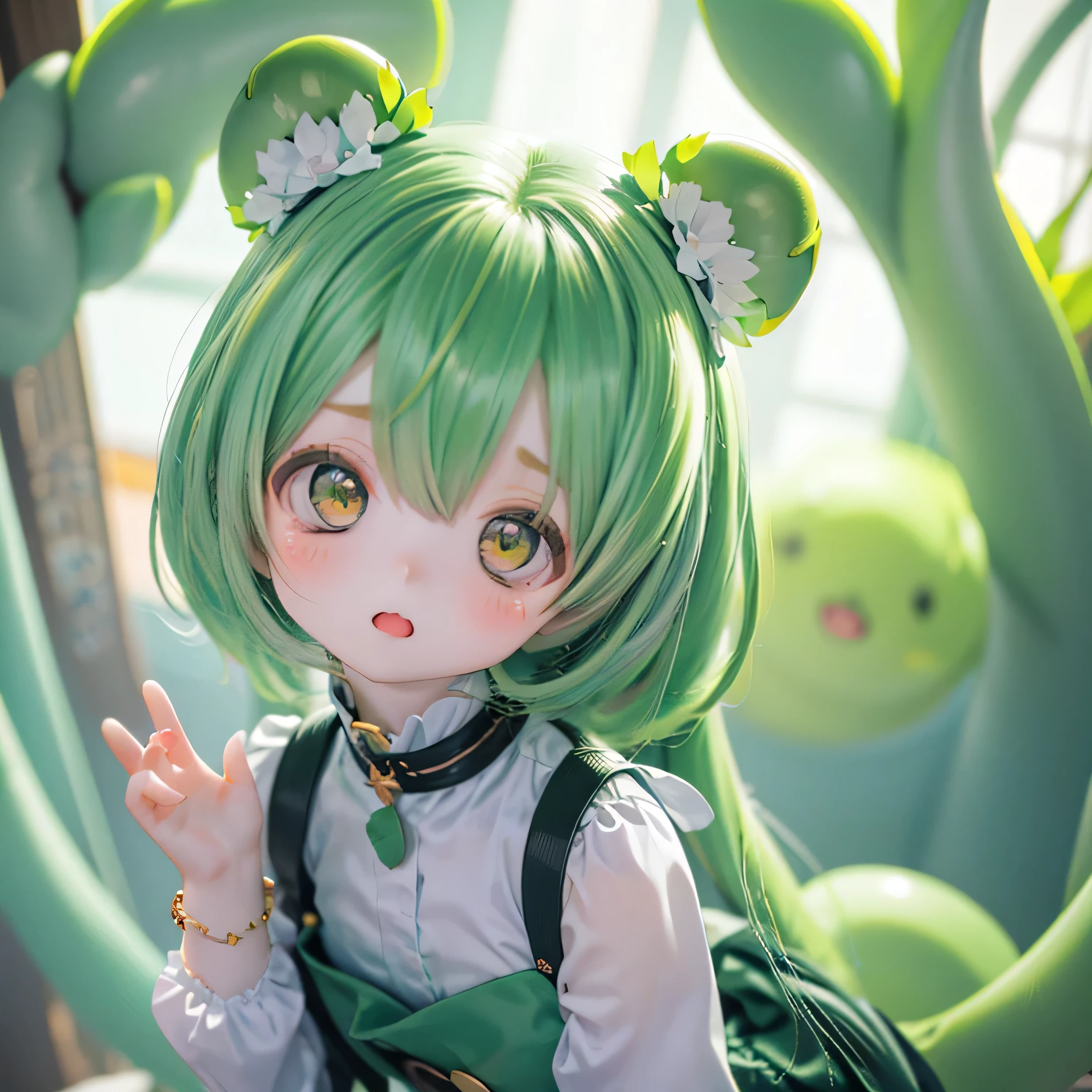 cute green-haired zundamon in playful pose, ( chibi), (((((( Mother )))))), detailed character design , intricate details , surreal , photorealistic , 8k, masterpiece , is high resolution, bright color, soft lighting , natural light, 、 Warm Palettes , wonderful , magical, fantasy , cute , cuteデザイン , , Heartwarming、Edamame
