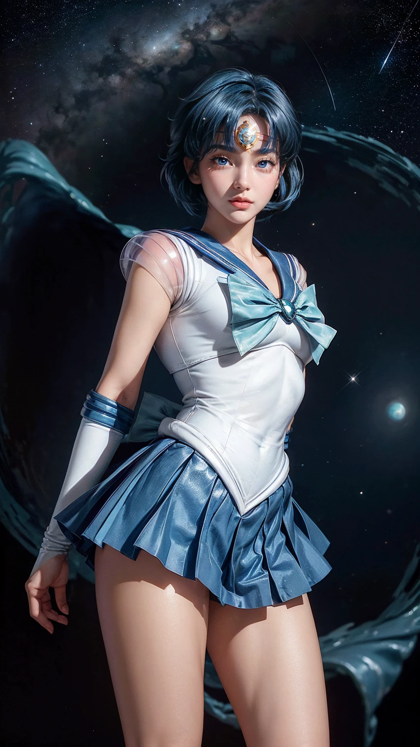 1 woman, laugh, delicate facial features, chest, Gloves, Lips, alone, sailor mercury, blue eyes, uniform, See more1, 선원 센시 uniform, (RAW photos, best quality), masterpiece, does not make sense, sexy, floating short blue hair, blue sailor collar, curtsey, (over the knee boots: 1.1), choker, white Gloves, Blue choker, elcurtsey Gloves, bijouterie, earring, Blue skirt, Outsole, whole body, blue hair, (Perfect hand-drawn): 3.8, octane rendering, The god of water, (water drop), wet clothes, (Beautiful detailed water), (floating), dynamic angle, There is a huge moon in the background