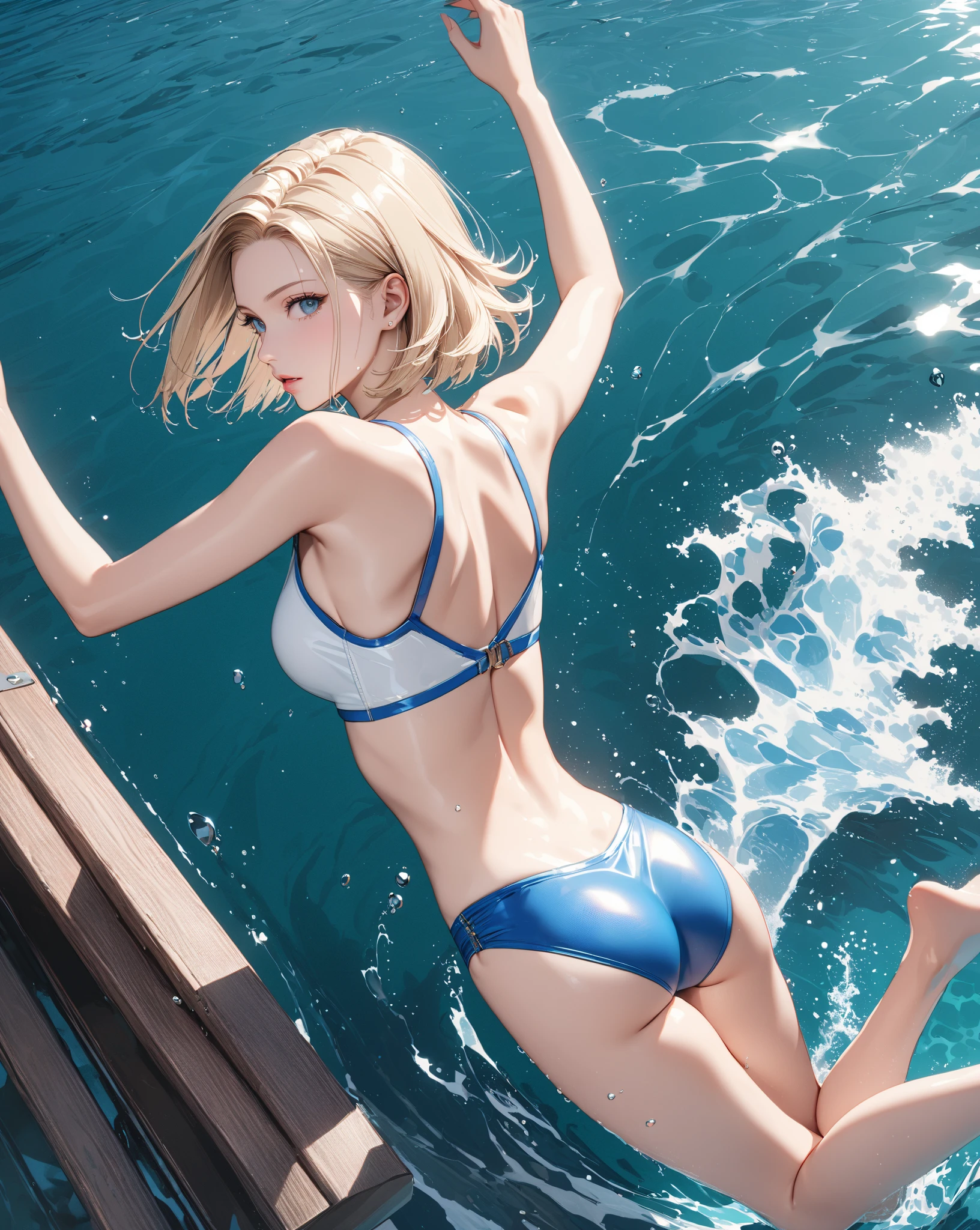 Masterpiece、high resolution 8k、NSFW、sharp focus、contrast lighting、Woman wearing Headphone ,a Blue jean short and a small top on a beach dancing happily, hair blonde,really short hair,pixie haircut, dark eyebrows, blue colored eyes,great smile, Caucasian skin, muscular, shoulders, toned, thick, thick thighs, medium breasts, cute, sexly, young woman, 20 years old