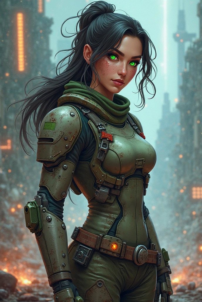 An exuberant 20 year old woman, warrior mix of chistina hendrix and Bryce Dallas Howard with gears of war uniform, very pretty,green eyes, short dark hair,full lips, beautiful, with his sexy combat uniform, dark blue camouflage navy,big chest, narrow waist, muscular legs, is in struggle in a city with immense half-ruined buildings, all full of imagination,Gray Light, fog of war, armored uniform in plates