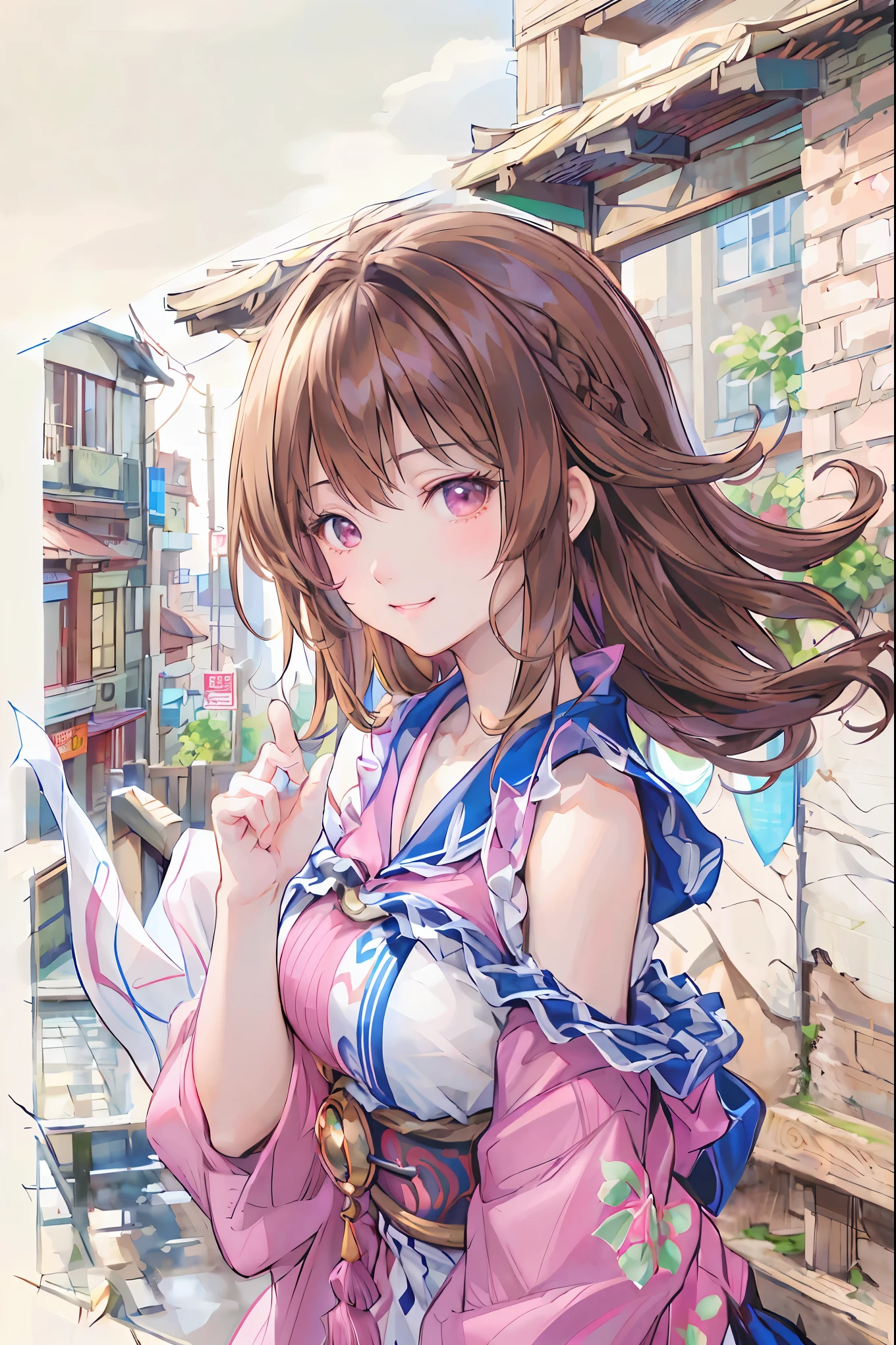 Shimazu Yuno、 glossy brown hair, long hair, 、((2 braids:1.5、 Shoulder Hair )), beautiful brown eyes、Sparkling Eyes, fine grain、smile、super detailed eyes、very detailed face, very elaborate eyes ,cowboy、
(( masterpiece, TOP QUALITY, high resolution, 超high resolution, pixel perfect, description depth of boundary , 4K, RTTX 10.0, high resolution))),
masterpiece、high resolution、high resolution、high resolution、 female 1 person、Very close、(( Drawing only the upper body ))、((brown hair))、優しいsmile、 showing her teeth and smiling、((Late Night City))、