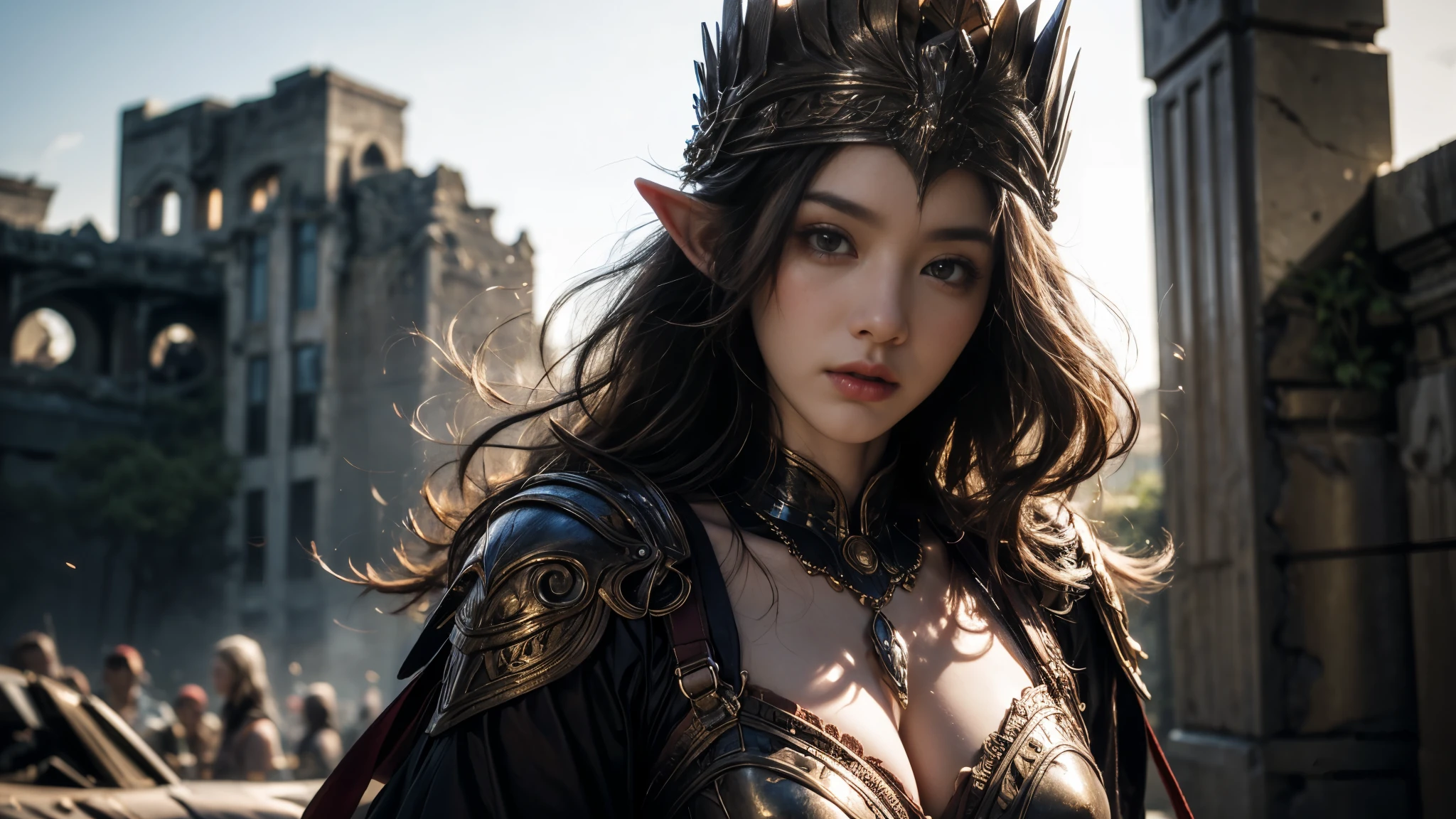Beautiful Portrait of a Perfect Female Elf Warrior , Invisible long hair, 完美特征, (Extravagant armor), Abstract Beauty , sexy body on your upper body,Almost perfect, Pure Form, dynamic pose, castle ruins background, (Dark Shadows), (Intense Cinematic Lighting ), Intricate Details, 8K Post-production, high resolution , super detailed, sharp focus, Depth of field/1.8, Studio Photos, ((( looks at the camera))).