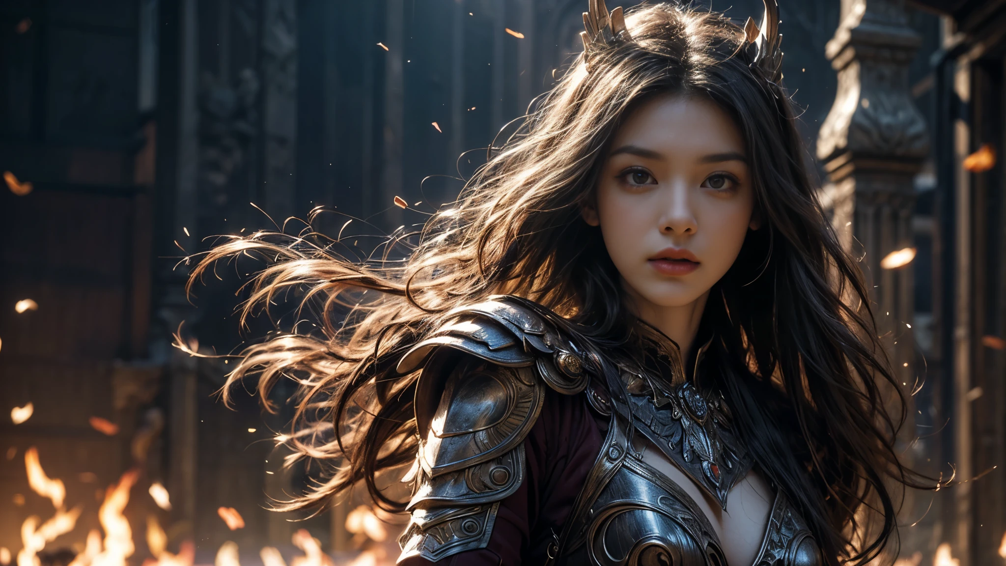 Beautiful Portrait of a Perfect Female Elf Warrior , Invisible long hair, 完美特征, (Extravagant armor), Abstract Beauty , sexy body on your upper body,Almost perfect, Pure Form, dynamic pose, castle ruins background, (Dark Shadows), (Intense Cinematic Lighting ), Intricate Details, 8K Post-production, high resolution , super detailed, sharp focus, Depth of field/1.8, Studio Photos, ((( looks at the camera))).