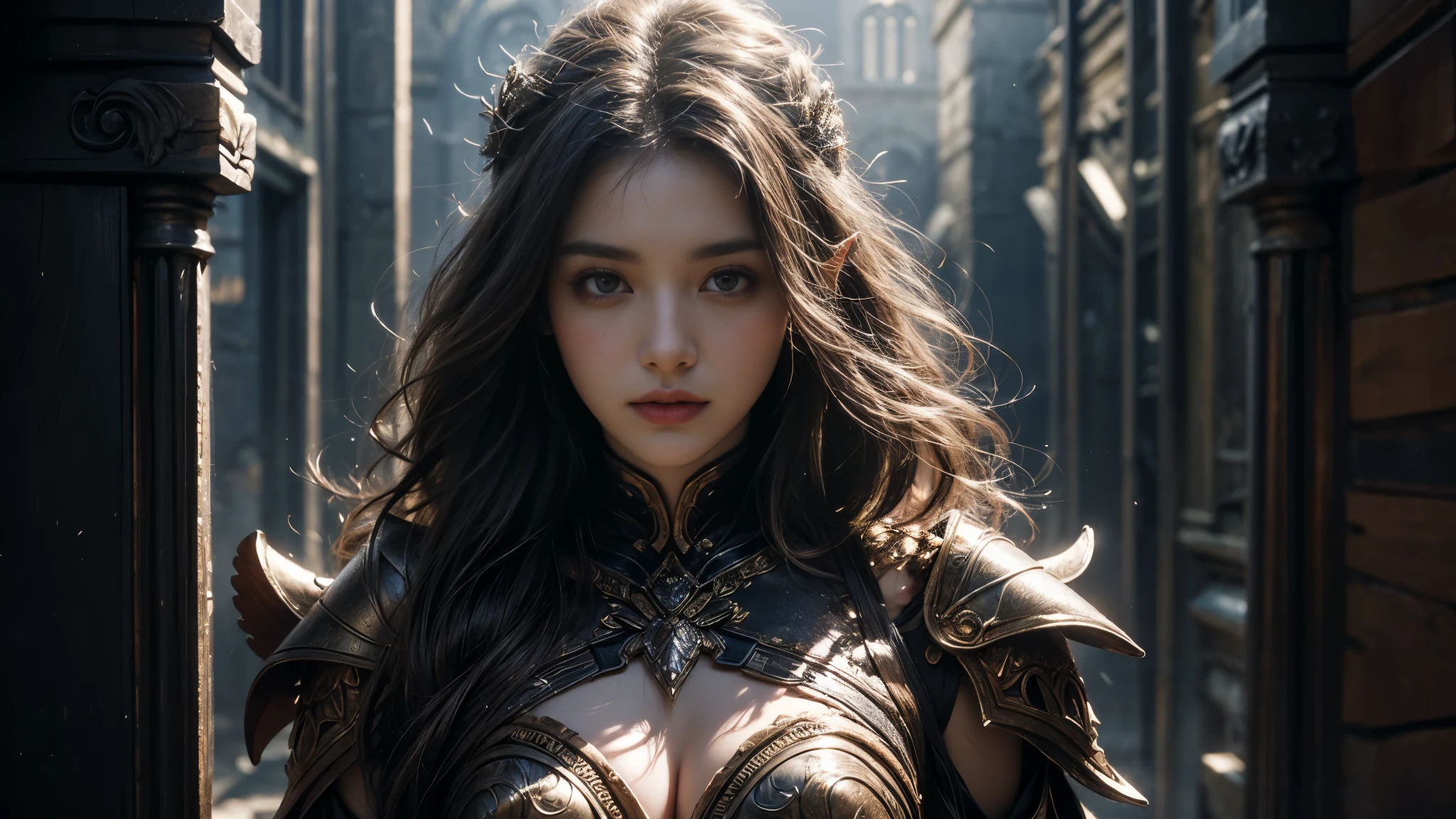  Beautiful Portrait of a Perfect Female Elf Warrior , Invisible long hair, 完美特征, (Extravagant armor),  Abstract Beauty ,  sexy body on your upper body，Almost perfect, Pure Form,  dynamic pose, castle ruins background, (Dark Shadows), (Intense Cinematic Lighting ), Intricate Details, 8K Post-production, high resolution ,  super detailed, sharp focus, Depth of field/1.8, Studio Photos, ((( looks at the camera))).
