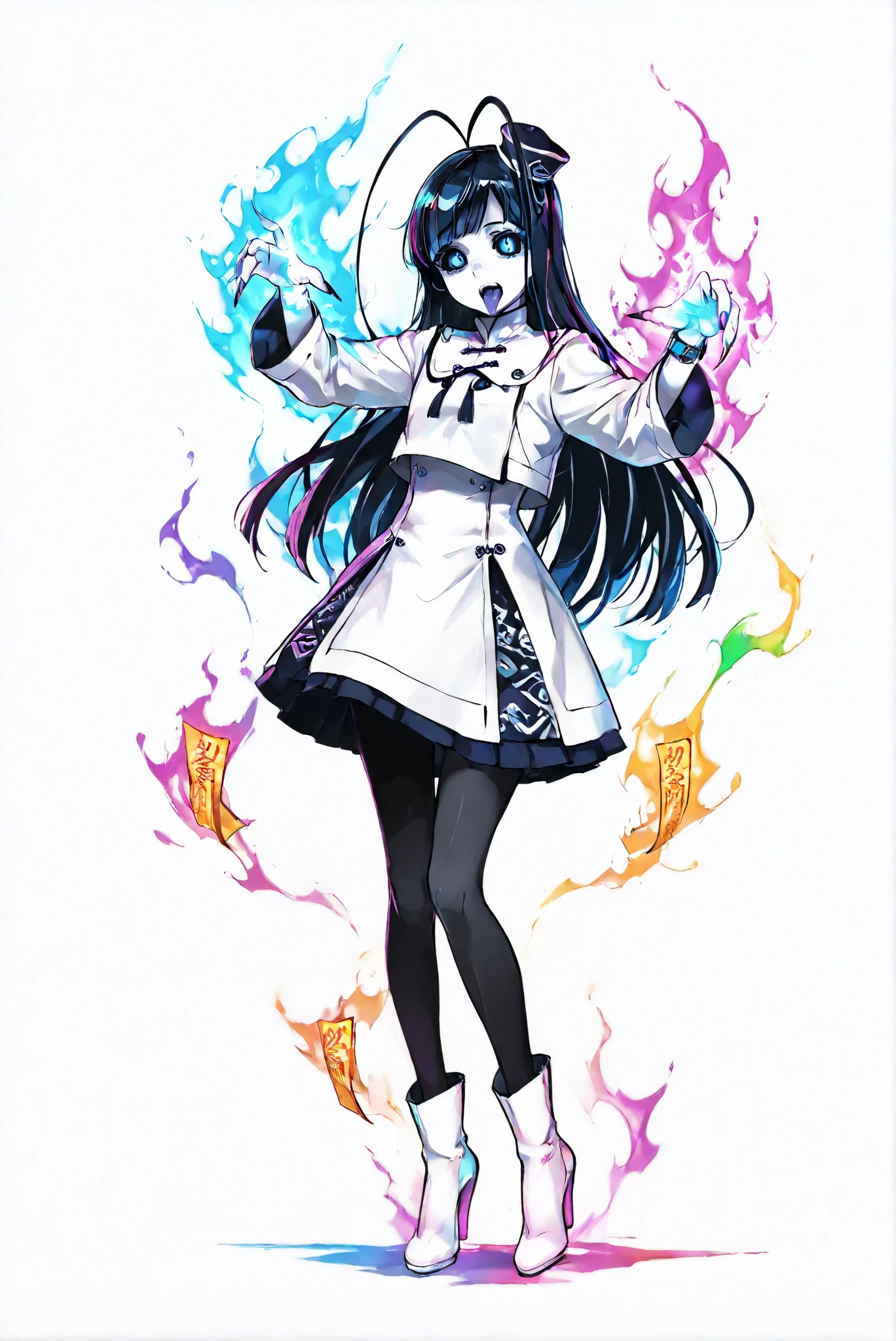 ( stands,full body,heels,front view,Standing picture,white background:1.7),HoleHeels,oval/Circle/Thorn/Horn Heels,,limited palette,Colorful,vivid colors,flashing silhouette,neon,black light ,watch, masterpiece, Very Beautiful,giselle_gewelle , androgynous, 1girl , long hair, black hair, Antenna Hair, blue eyes,pantyhose, mini hat, long sleeves, white uniform, white boots
,Poimagmb,aura,Glowing,Gas, glowing gas in hands,tongue out, colored skin, Zombie Pose, black sclera, Ofuda, long fingernails,ZombieT