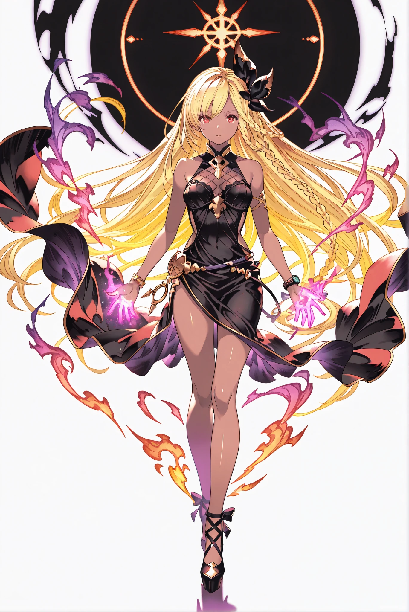 ( stands,full body,heels,front view,Standing picture,white background:1.7),HoleHeels,oval/Circle/Thorn/Horn Heels,,limited palette,Colorful,vivid colors,flashing silhouette,neon,black light ,watch, masterpiece, Very Beautiful,, shiny skin, golden ornaments, , Granblue_ fantasy, Helel_Ben_Shalem, dark skin, Blonde, long hair, braid, red eyes, Poimagmb,aura,Glowing,Gas, glowing gas in hands,