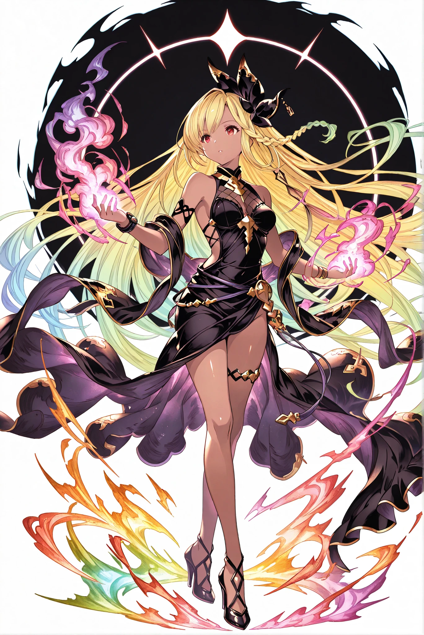 ( stands,full body,heels,front view,Standing picture,white background:1.7),HoleHeels,oval/Circle/Thorn/Horn Heels,,limited palette,Colorful,vivid colors,flashing silhouette,neon,black light ,watch, masterpiece, Very Beautiful,, shiny skin, golden ornaments, , Granblue_ fantasy, Helel_Ben_Shalem, dark skin, Blonde, long hair, braid, red eyes, Poimagmb,aura,Glowing,Gas, glowing gas in hands,