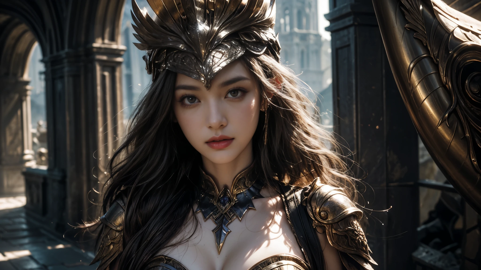 Beautiful Portrait of a Perfect Female Elf Warrior , Invisible long hair, 完美特征, (Extravagant armor), Abstract Beauty , sexy body on your upper body,Almost perfect, Pure Form, dynamic pose, castle ruins background, (Dark Shadows), (Intense Cinematic Lighting ), Intricate Details, 8K Post-production, high resolution , super detailed, sharp focus, Depth of field/1.8, Studio Photos, ((( looks at the camera))). Upper Body Lens