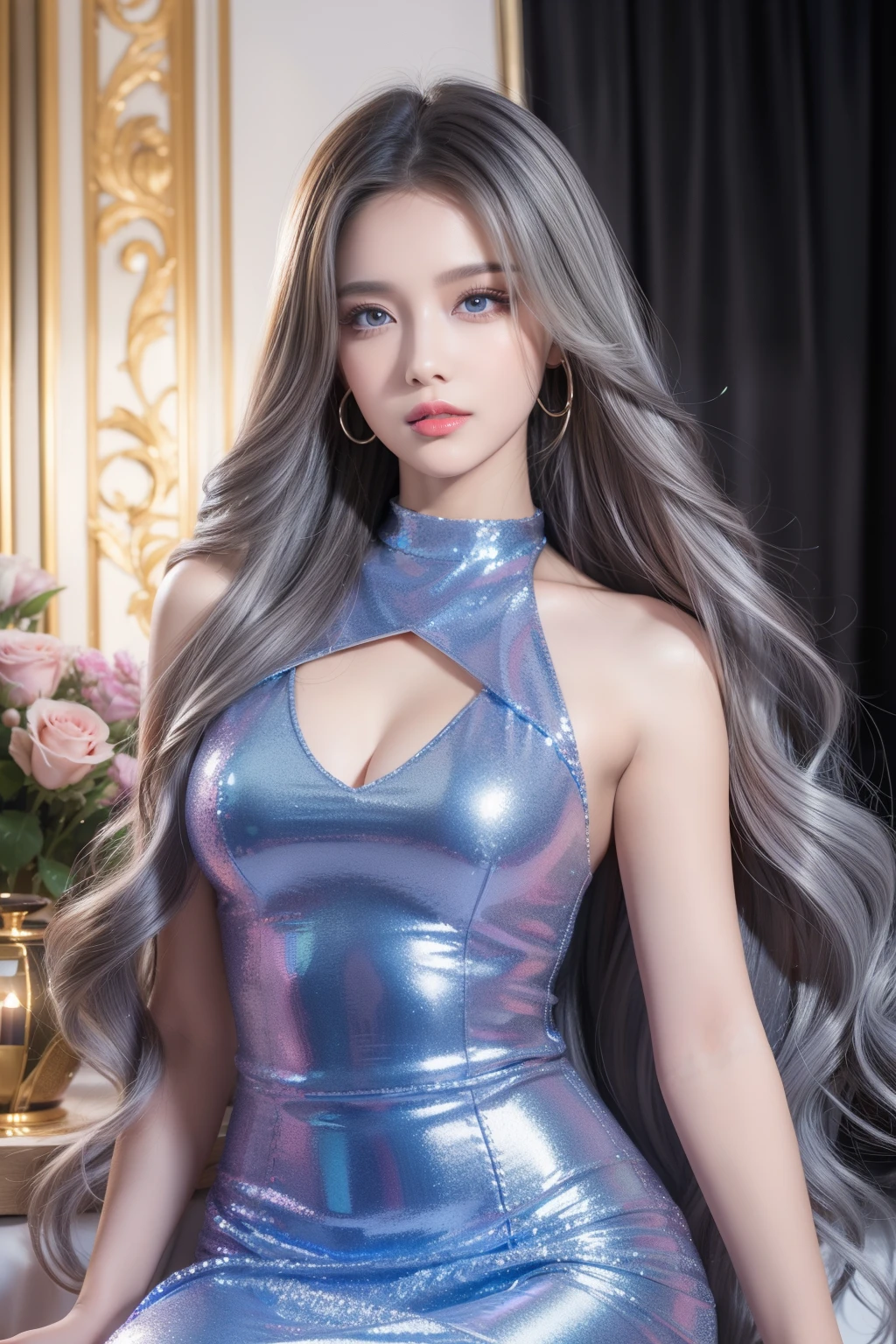 Top quality work,Photorealistic works,Ultra Premium Graphics,8K HD CG works,High-quality graphics,High-definition fine CG works,10x pixel,Ultra-fine details:1.1,Advanced technical details:1.1Photographically realistic,Indoor lighting effects:1.5,Natural light:1.5. light effect(Virtual Light Effects:1.8),超A high resolution,Shiny Blue Dress,Long silver hair,Silver hair,Transparent hair,High Detail Hair(Premium Hair Detail:1.1)Clear eyes,Good looking double eyelids,Sharp eye makeup, Delicate makeup for eyelashes, Thin eyebrows, ultradetailed eyes,High Nose, lovely red lips, Rose cheeks, Face with delicate makeup , Pretty Face, A perfectly proportioned face,(Advanced facial details:1.1)Collection of shiny blue luxury dresses,Blue Sequin Dresses,Sequin coat,shiny,Tight long skirt,Summer Sexy Hip Wrap Fishtail Sleeveless Commuter Maxi,Horse Stockings 100%Oil Gloss Panst Gloss Gloss Silk Glossy 8D Black Silk Woman,stiletto heels,gloves,Beautiful long dresses,wonderful dress,Bright Red Series,Haute Couture Dresses Collection,Dress Photography,Authentic dress works,In the banquet hall,Women's Artwork,full-body view,Goddess of Dress,realism,amazing,Today's eyes are bright