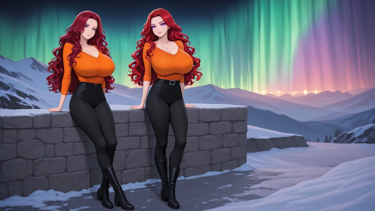 ((I want an alone elf woman milf, with wavy red hair and cold yellow eyes, curvy body, beauty dress, a cold expression))