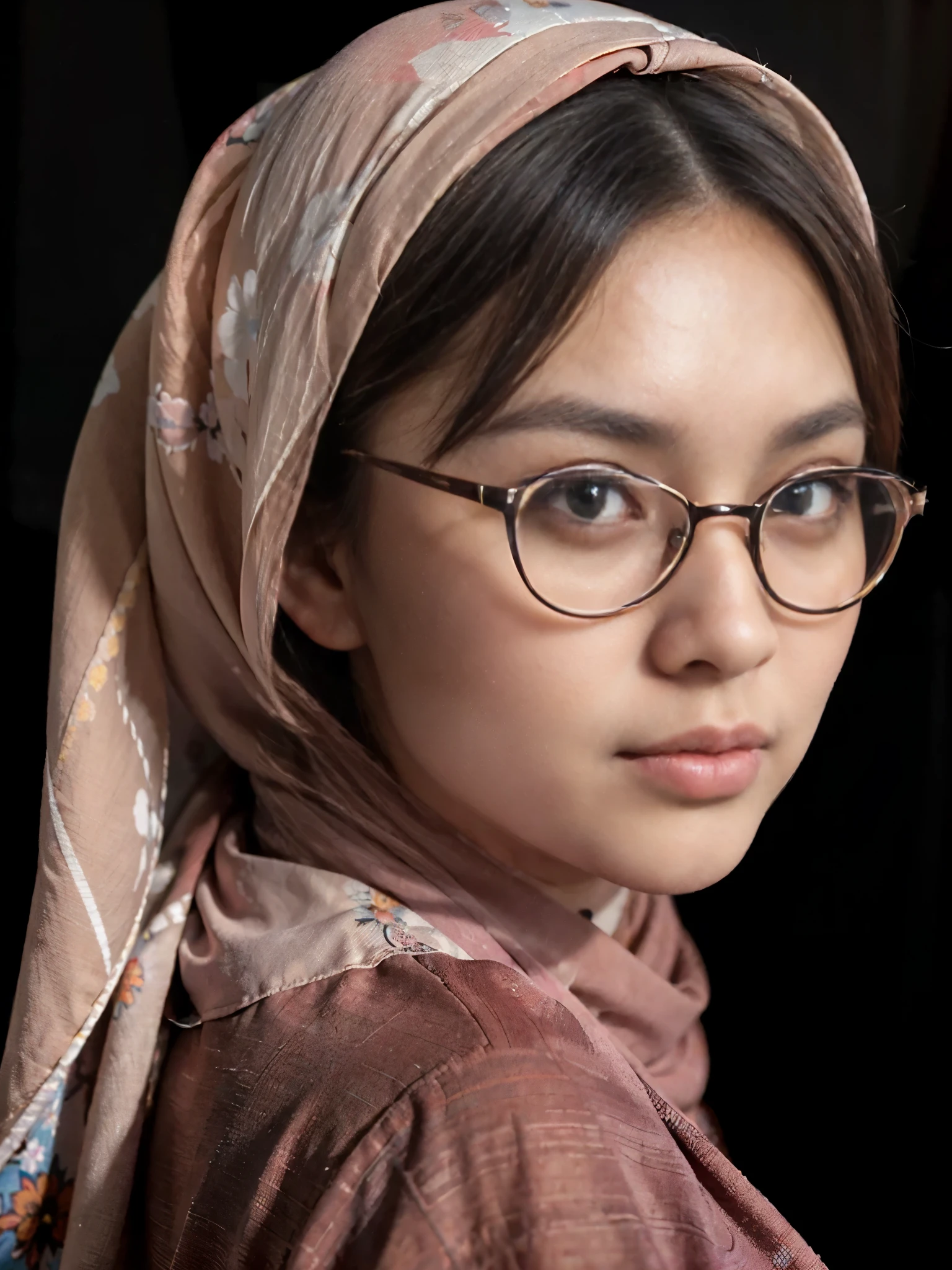 top-quality close-up portrait, ((Beautiful japanese girl, wearing floral pashmina hijab, red shirt, longsleeve, long skirt):1.5), bewitching face, ((idols likeness):1.4), ((beautiful detailed eyes, round eyes with classical glasses, beautiful detailed lips, sharp nose, extremely detailed face, round face shape):1.3), ((Elegant looks:1.3)), mesmerizing expression, allure gaze, ((soft and smooth skin, natural skin tone):1.4), ((attractive girls, elegant posimg):1.42),Detailed smooth photorealistic, (stares at the camera, facing forward):1.3), ((B&W background, cozy atmosphere):1.3), ((vivid colors, cinematic lighting, photon mapping, high contrast, intricate details, perfect composition, artistic photograph, 8k, smooth photorealistic, masterpiece):1.3), ((wide angle, seen from forward):1.2))