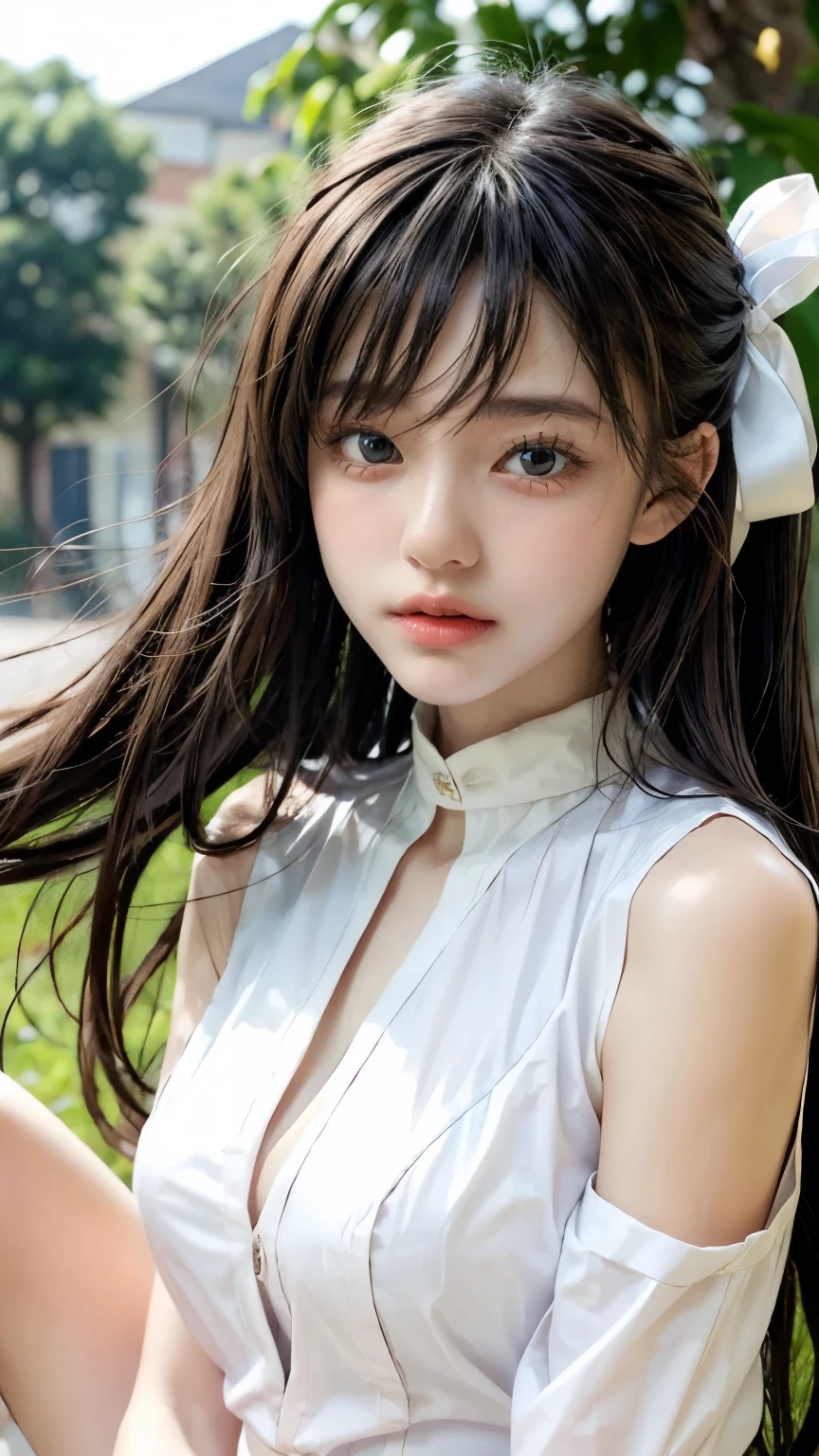 Arafed asian woman with long hair sitting on a bench - SeaArt AI